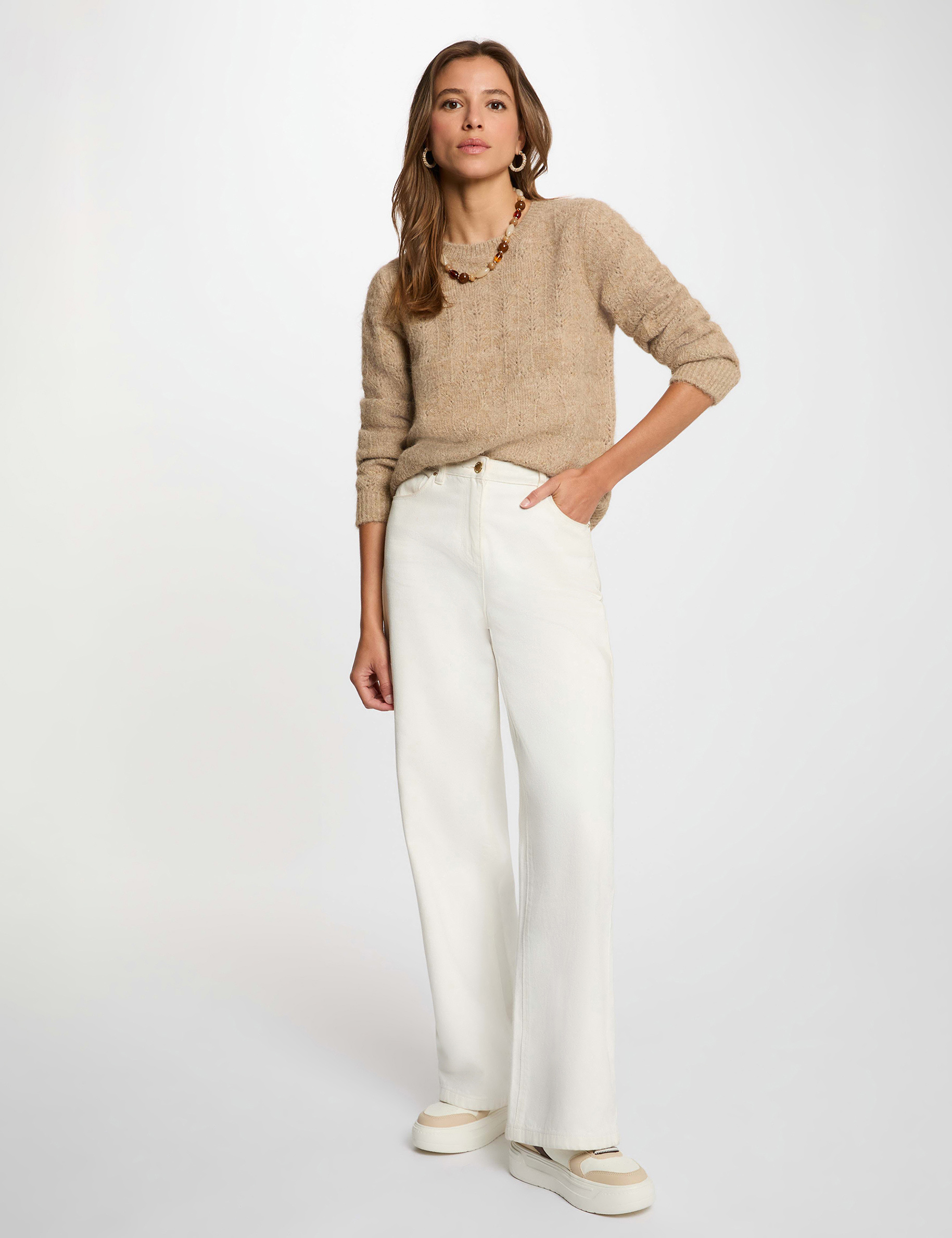Pull ajour&eacute; col rond beige femme