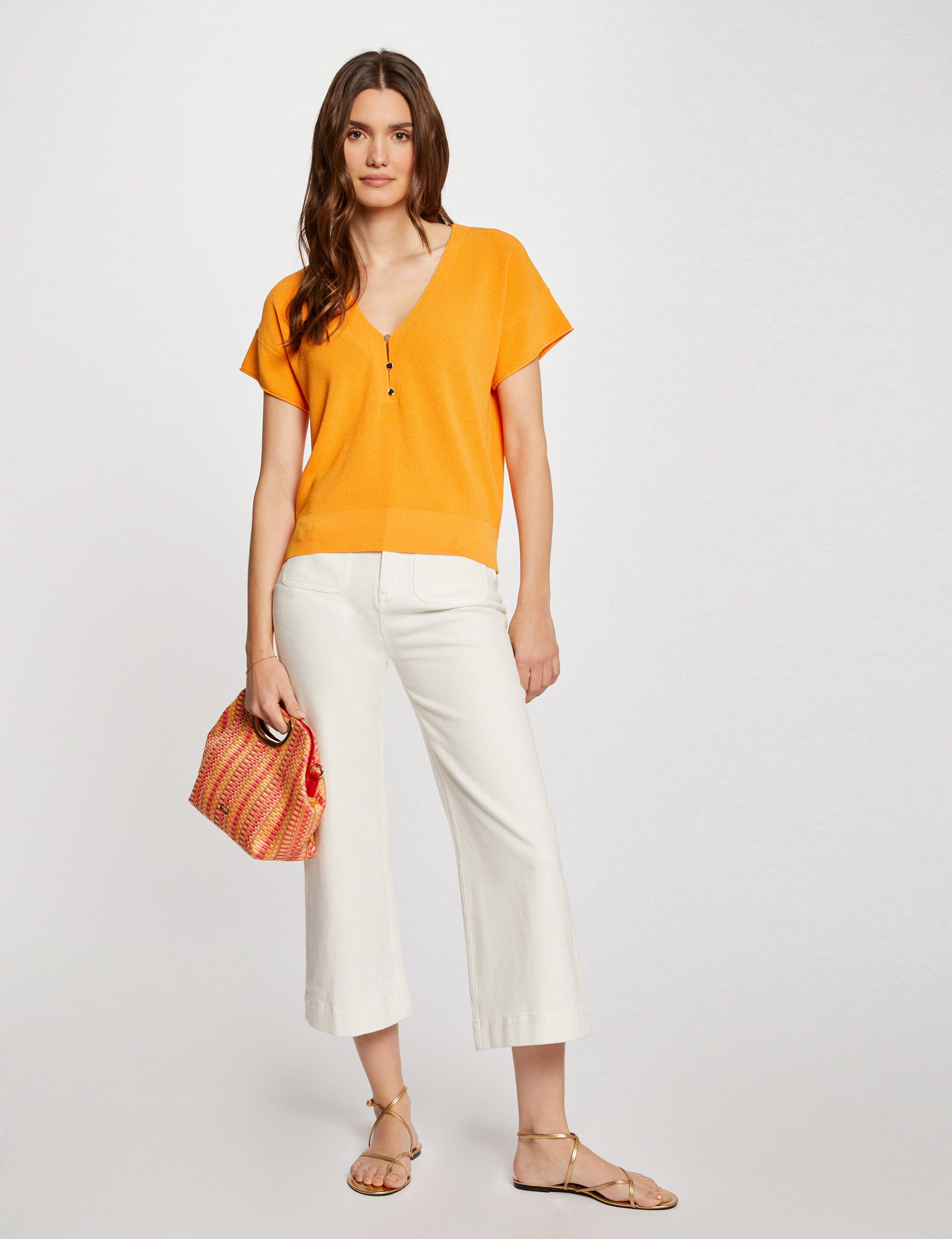 pull col en v manches courtes orange femme Pull col en V manches courtes orange femme