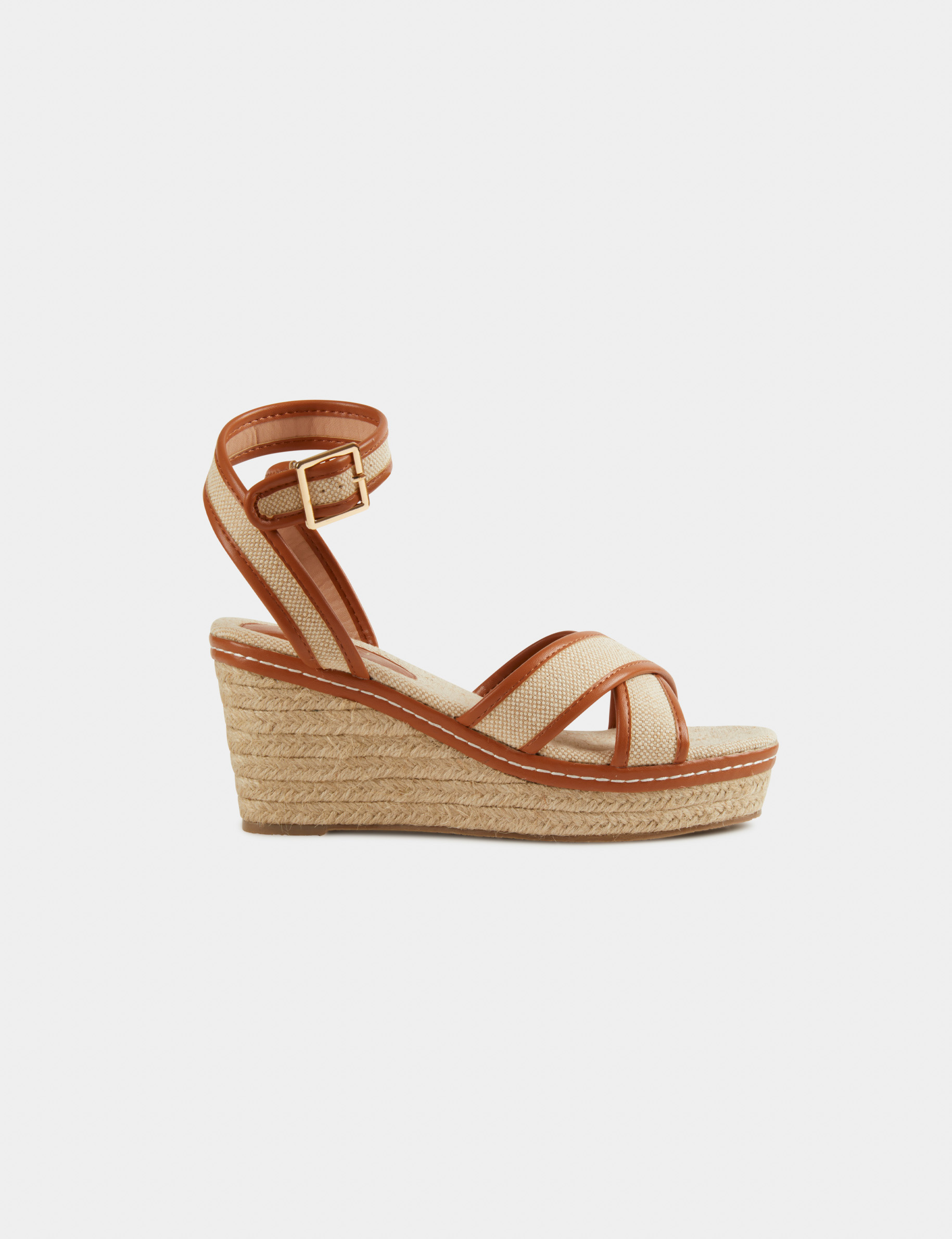 Sandales compensées aspect tressé beige femme