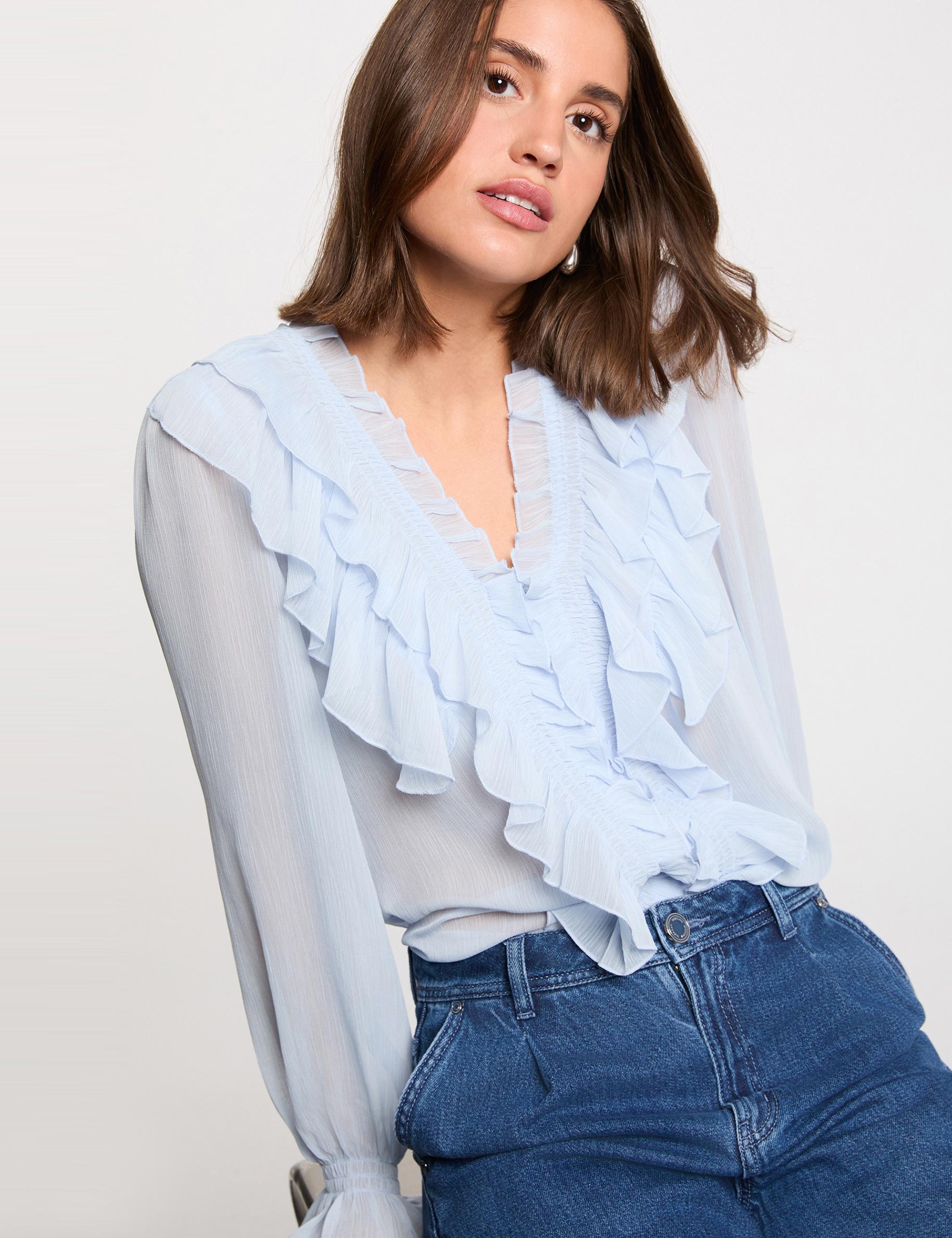 Chemise fluide col v bleu ciel femme