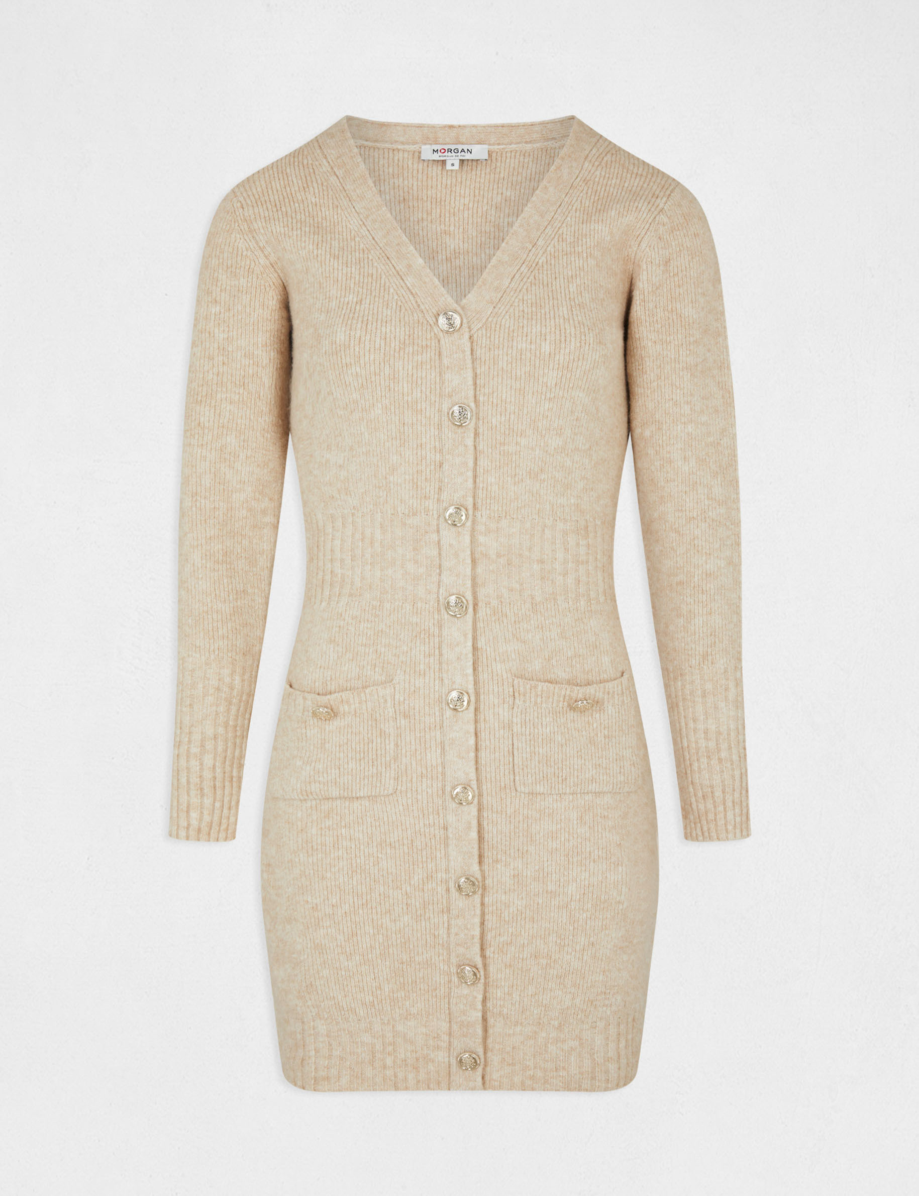 Robe pull ajustée avec boutons beige femme