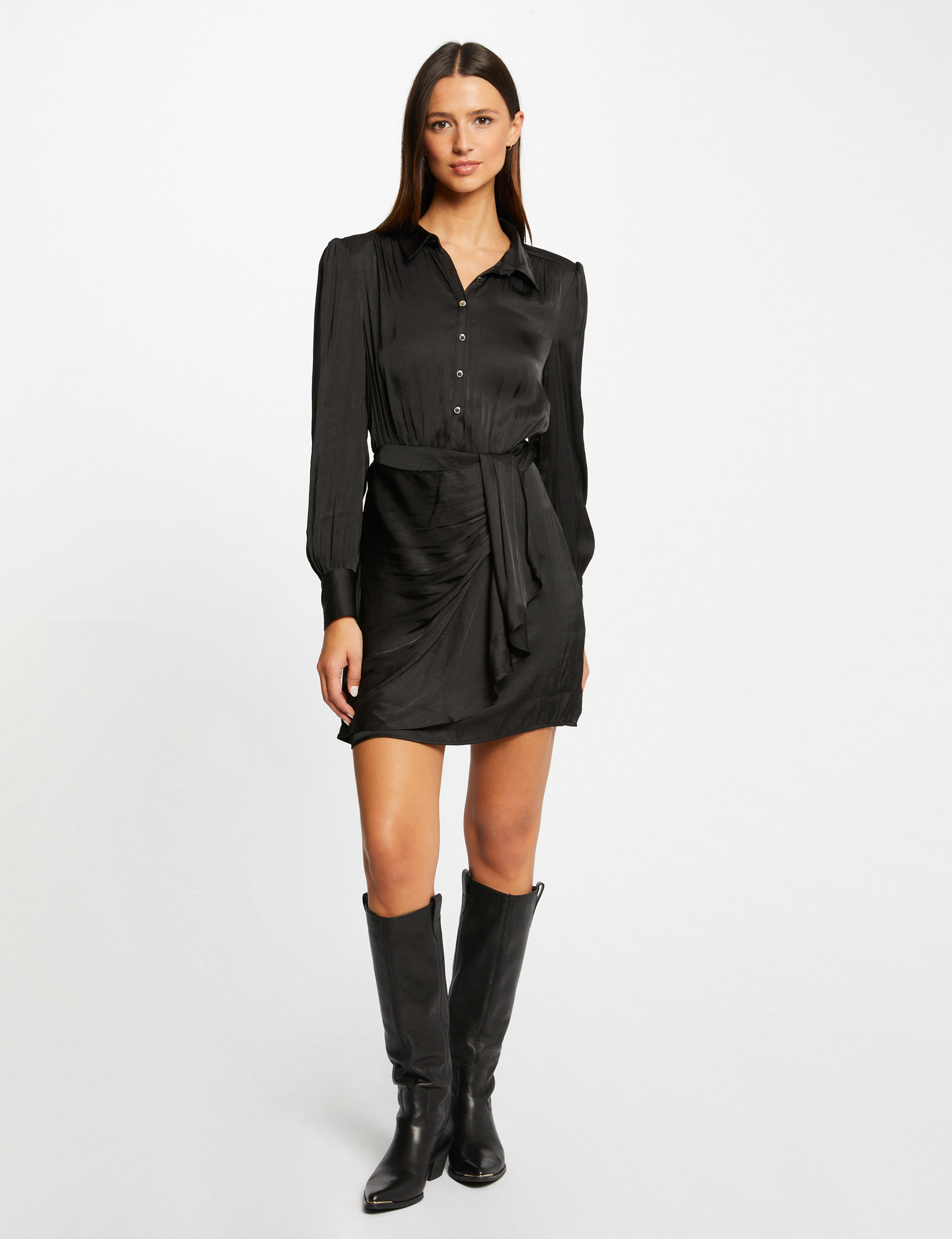 robe droite drapee satinee noir femme Robe droite drapée satinée noir femme