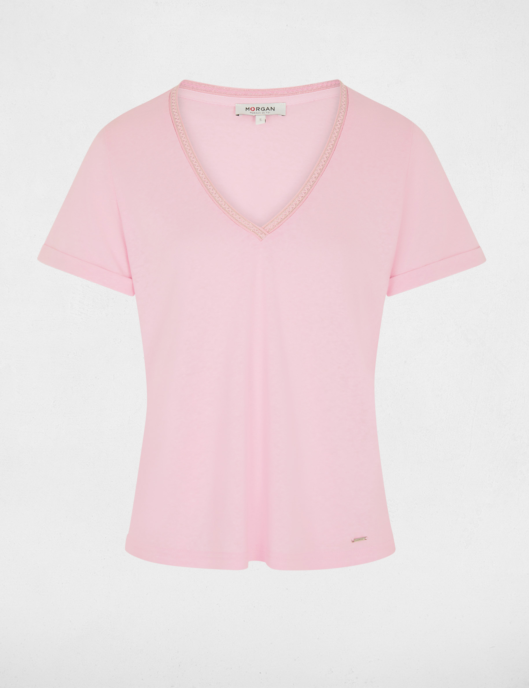 T-shirt col v perl&eacute; rose femme