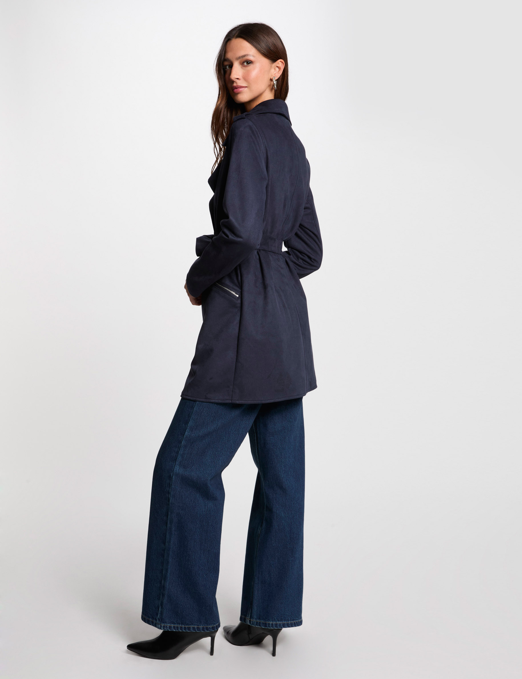 manteau long ceinture suedine bleu marine femme Manteau long ceinturé suédine bleu marine femme