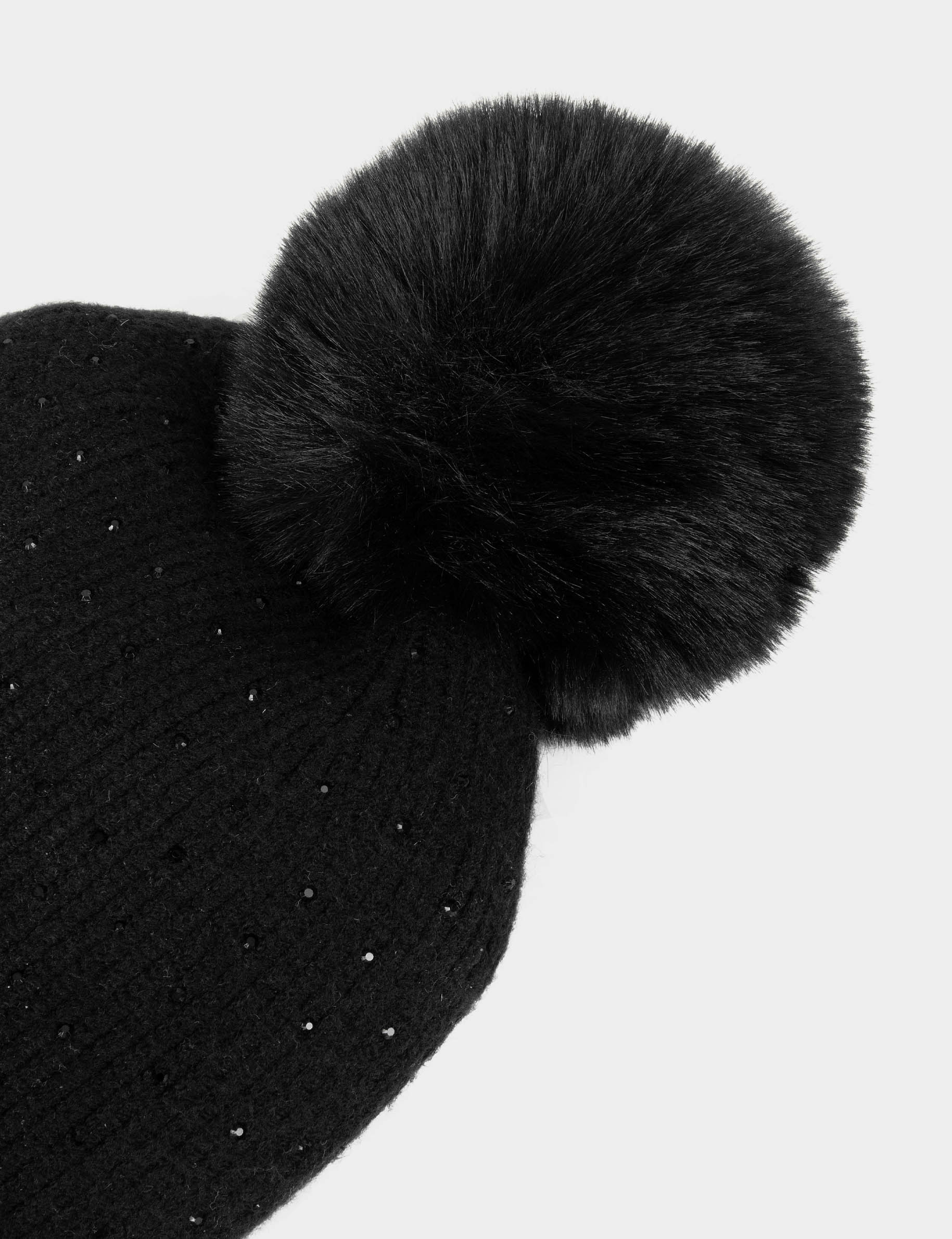 bonnet avec strass et pompon noir femme Bonnet avec strass et pompon noir femme