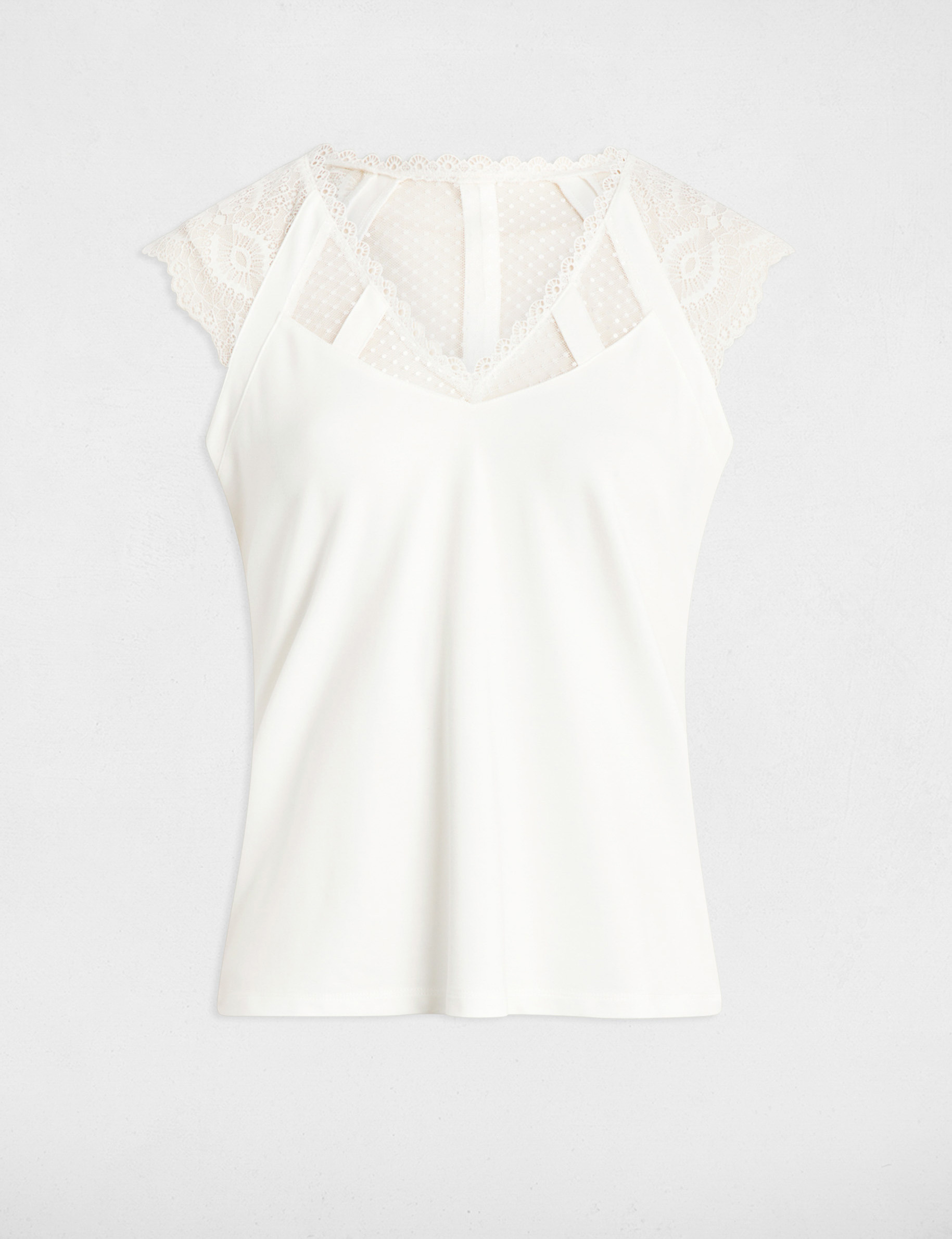 T-shirt dentelle col v blanc femme