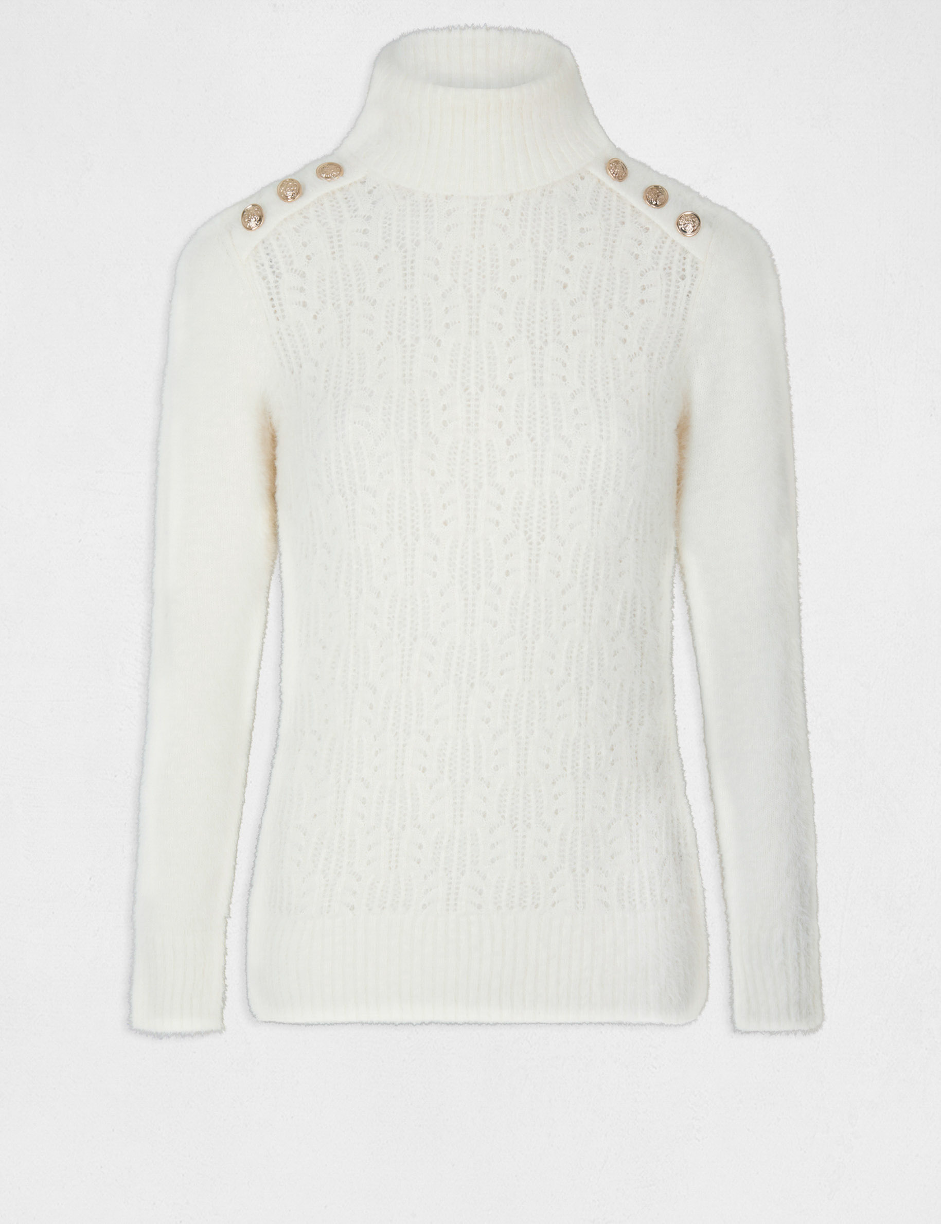 Pull manches longues ajouré col roulé ecru femme
