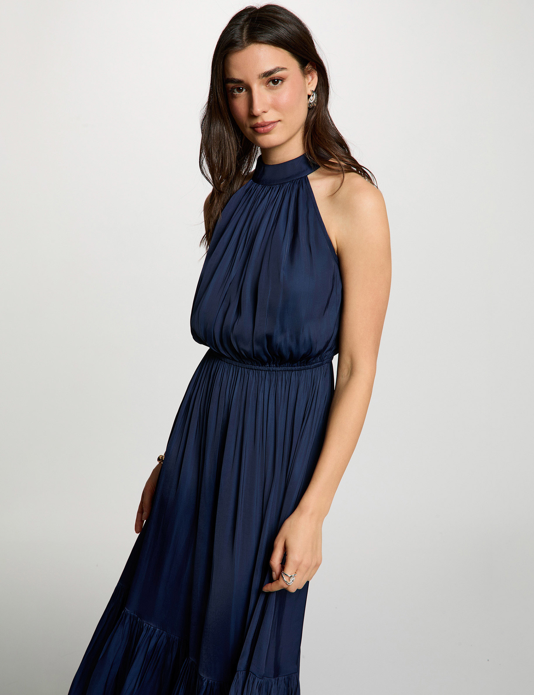 Robe longue &eacute;vas&eacute;e fluide bleu marine femme