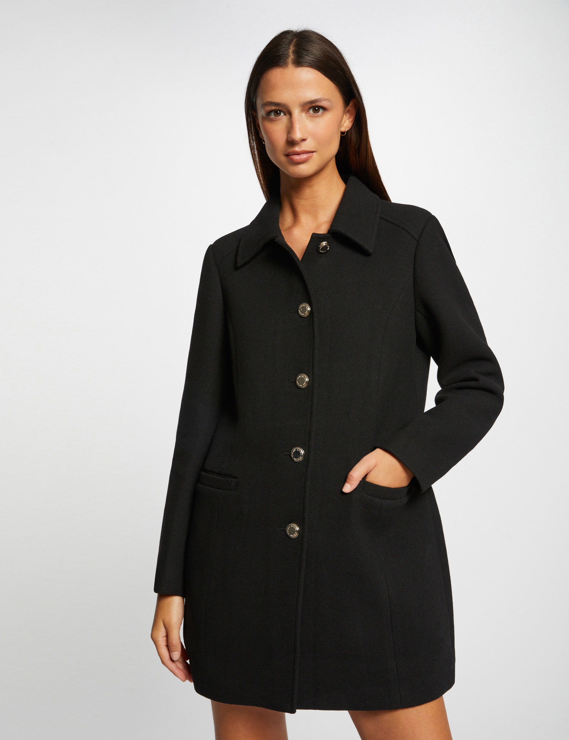 Manteau long droit boutonn noir femme Morgan