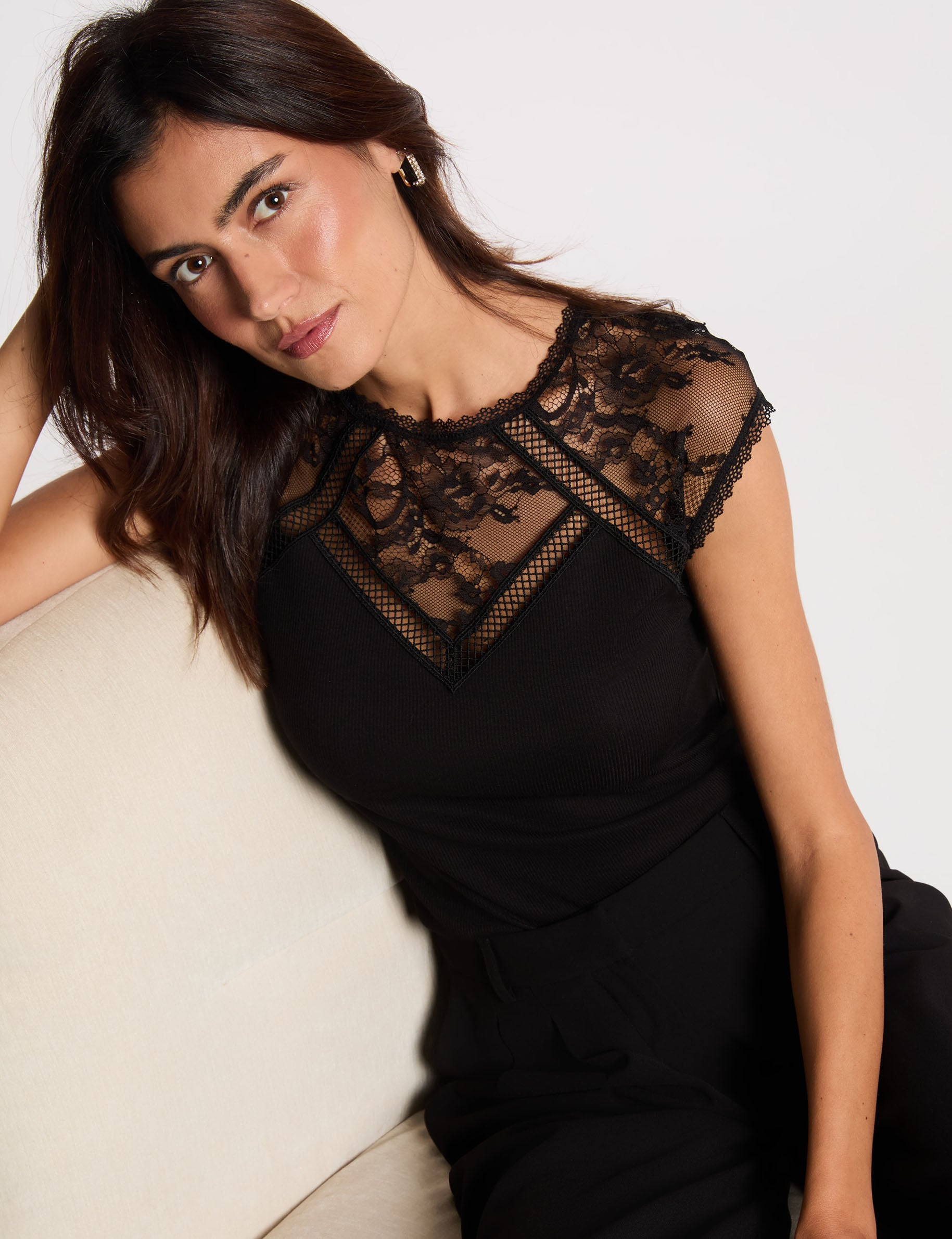 T-shirt dentelle col rond noir femme