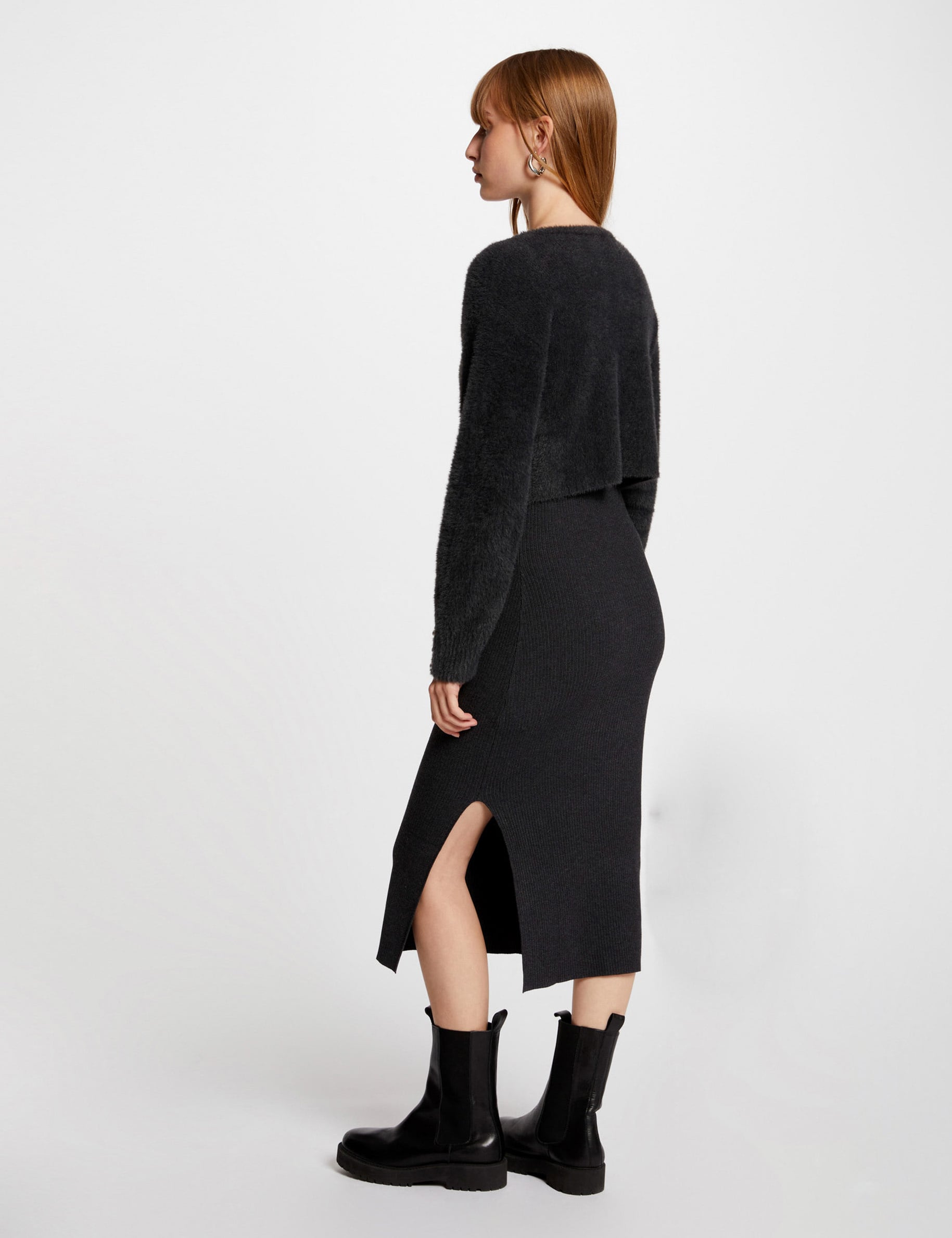 Robe tricot midi ajust&eacute;e 2-en-1 gris fonc&eacute; femme
