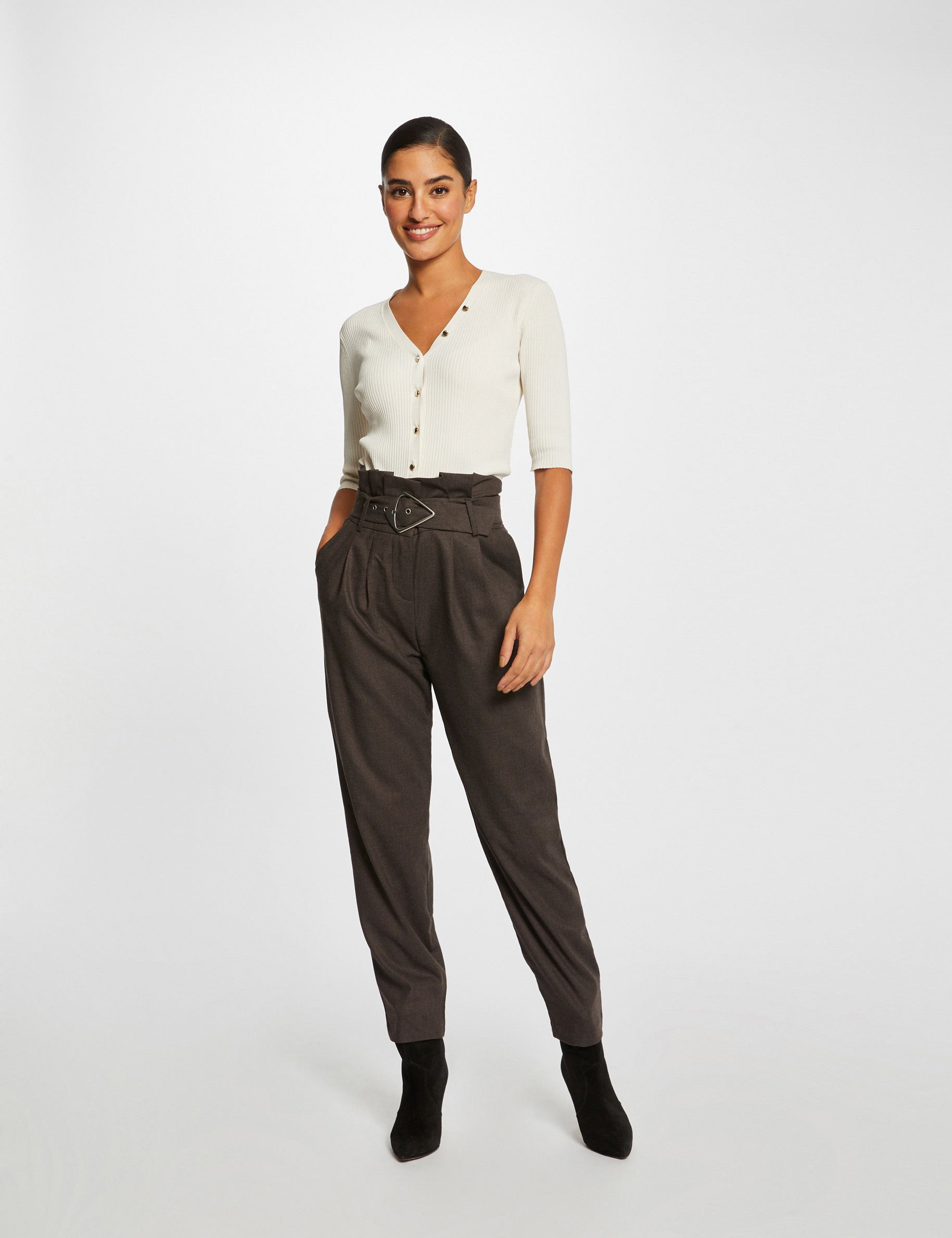 Pantalon paperbag ceinturé marron femme