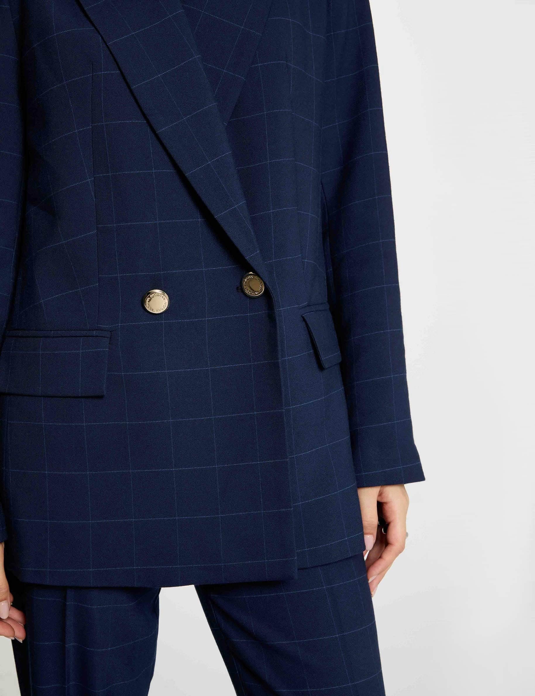Blazer droit &agrave; carreaux bleu marine femme