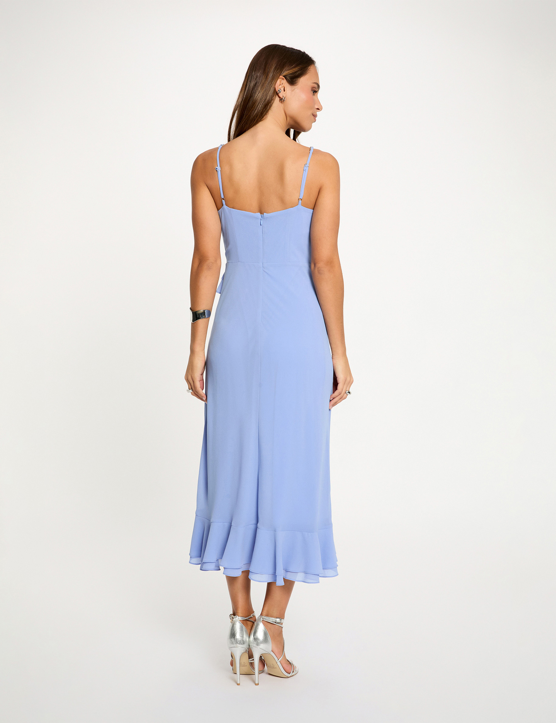 Robe mi-longue col v bleu femme