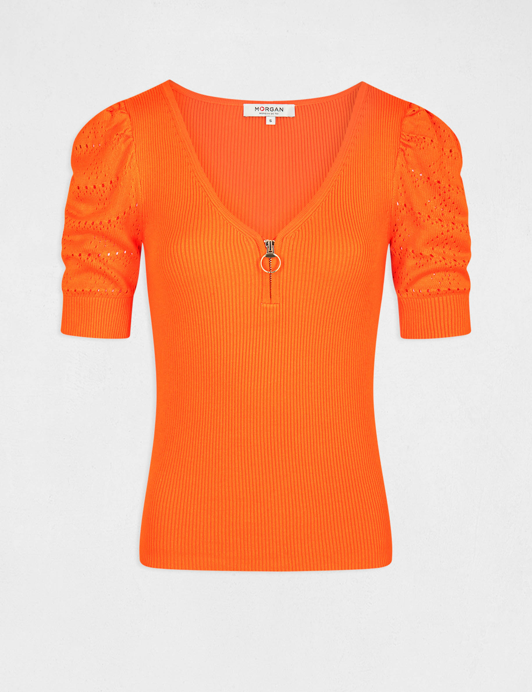 Pull manches courtes avec col en V orange femme Pull manches courtes avec col en V orange femme