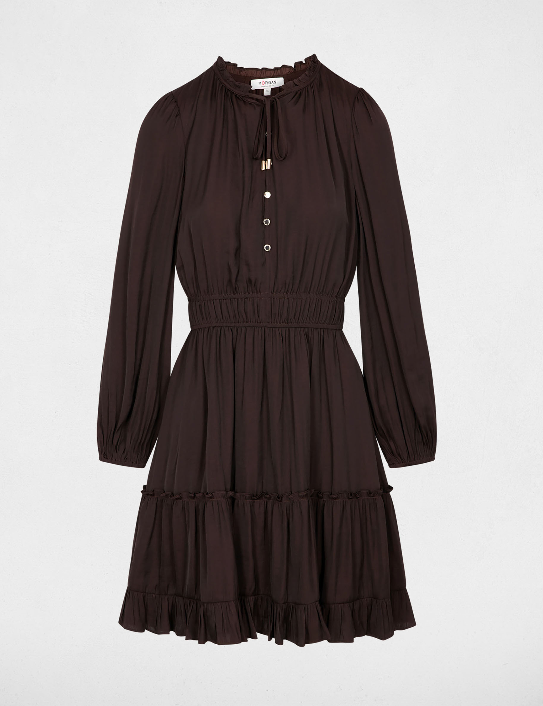 Robe satin manches longues marron fonc&eacute; femme