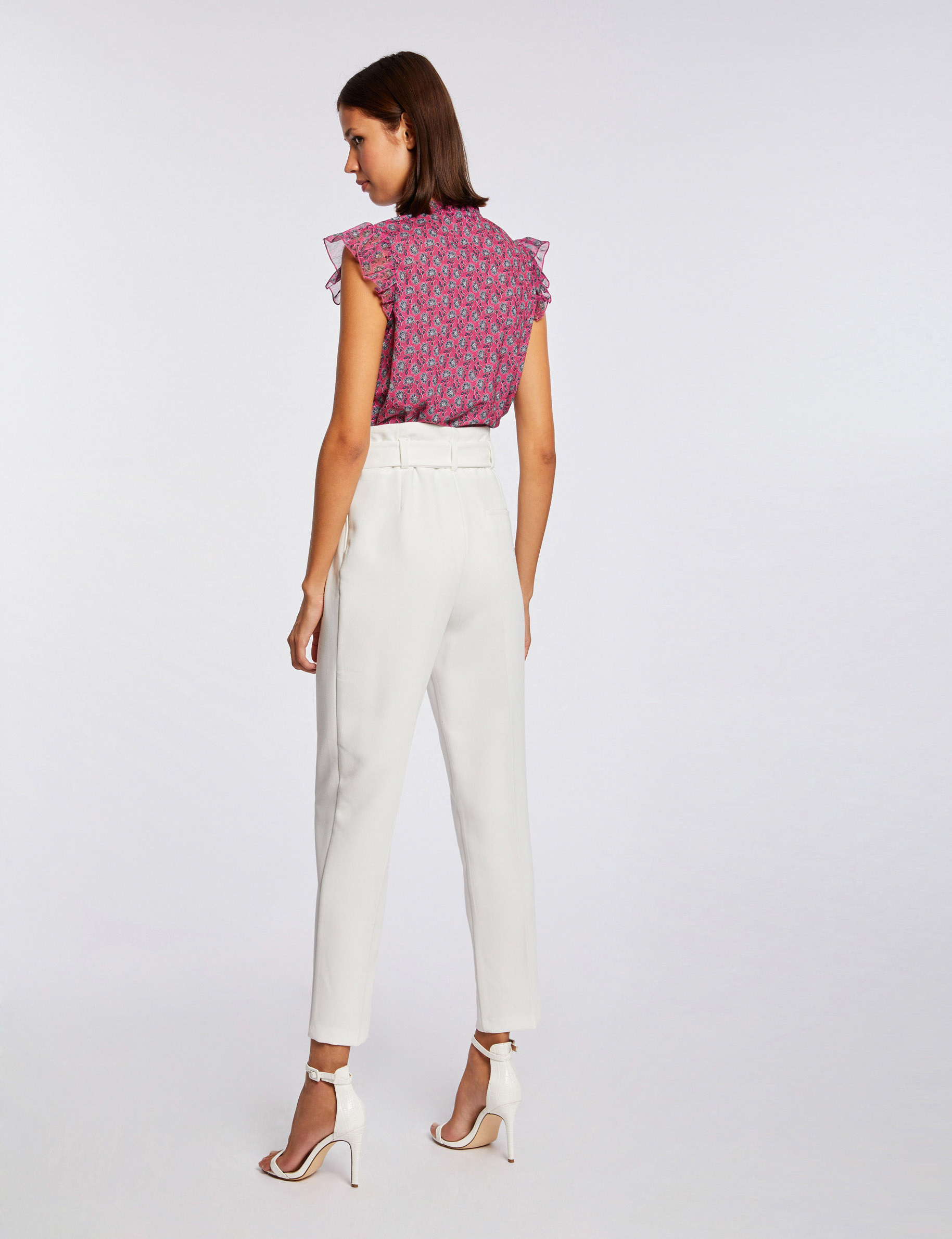 Pantalon city paperbag taille haute ecru femme