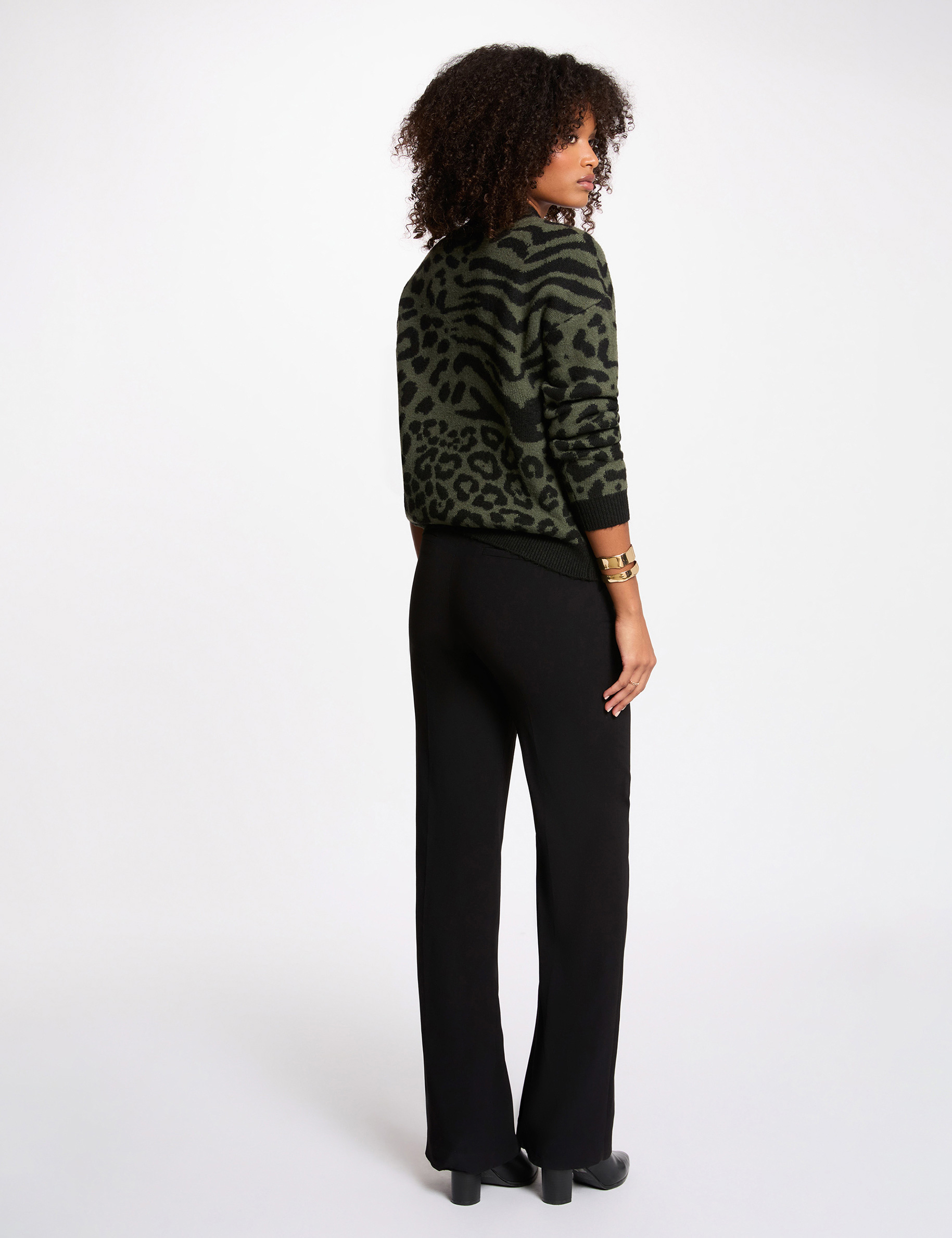 Pull court jacquard vert kaki femme