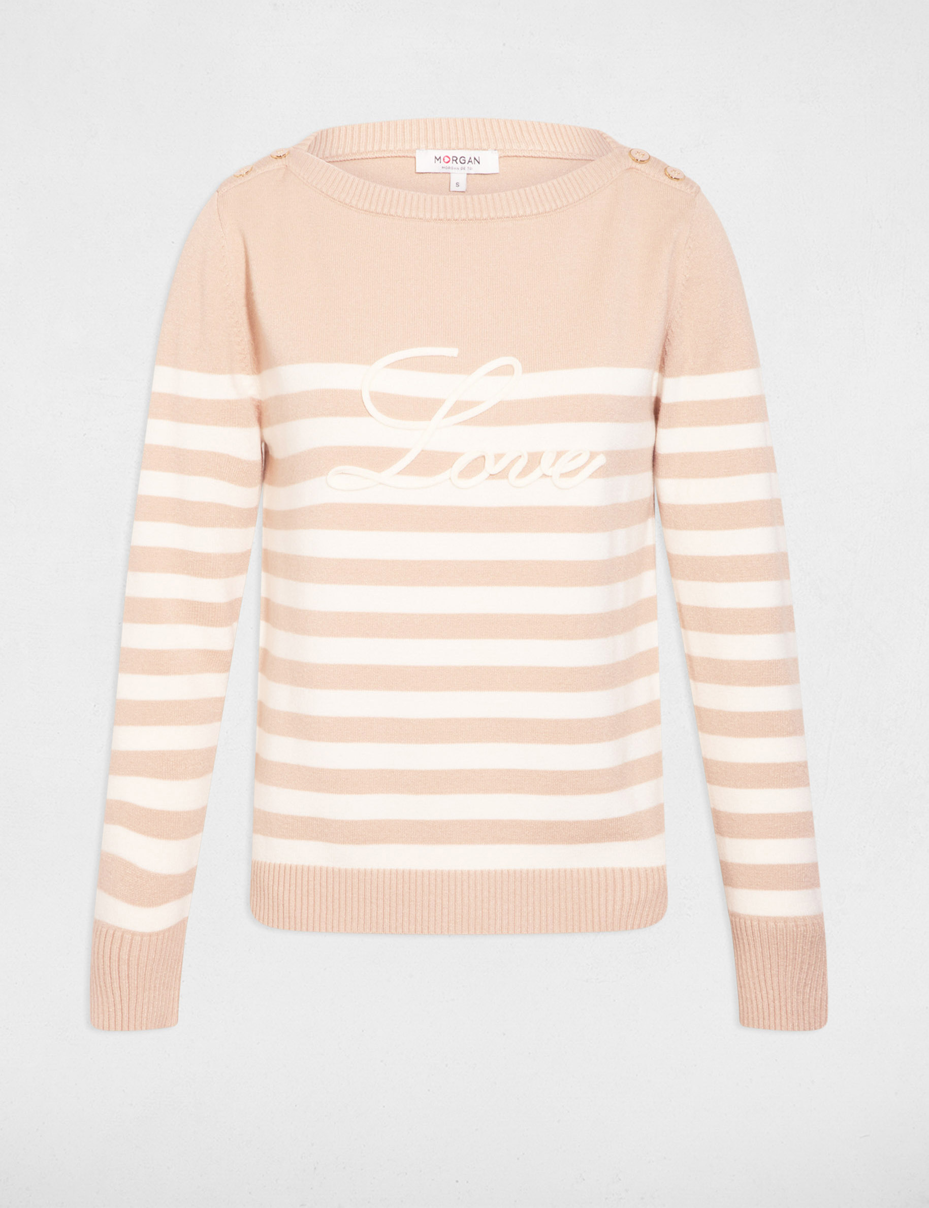 Pull ray&eacute; brod&eacute; marron clair femme