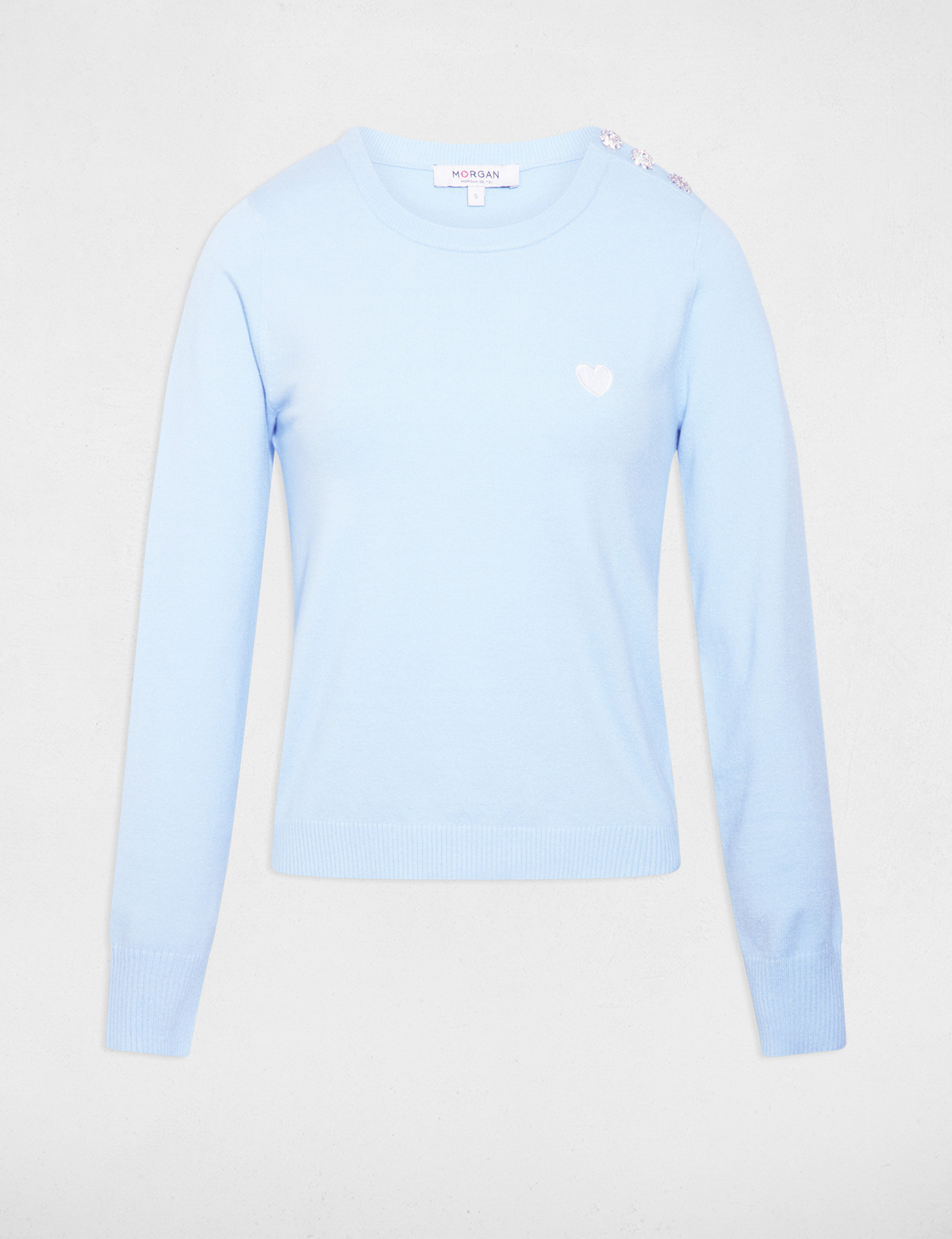 Pull col rond et boutons bleu ciel femme