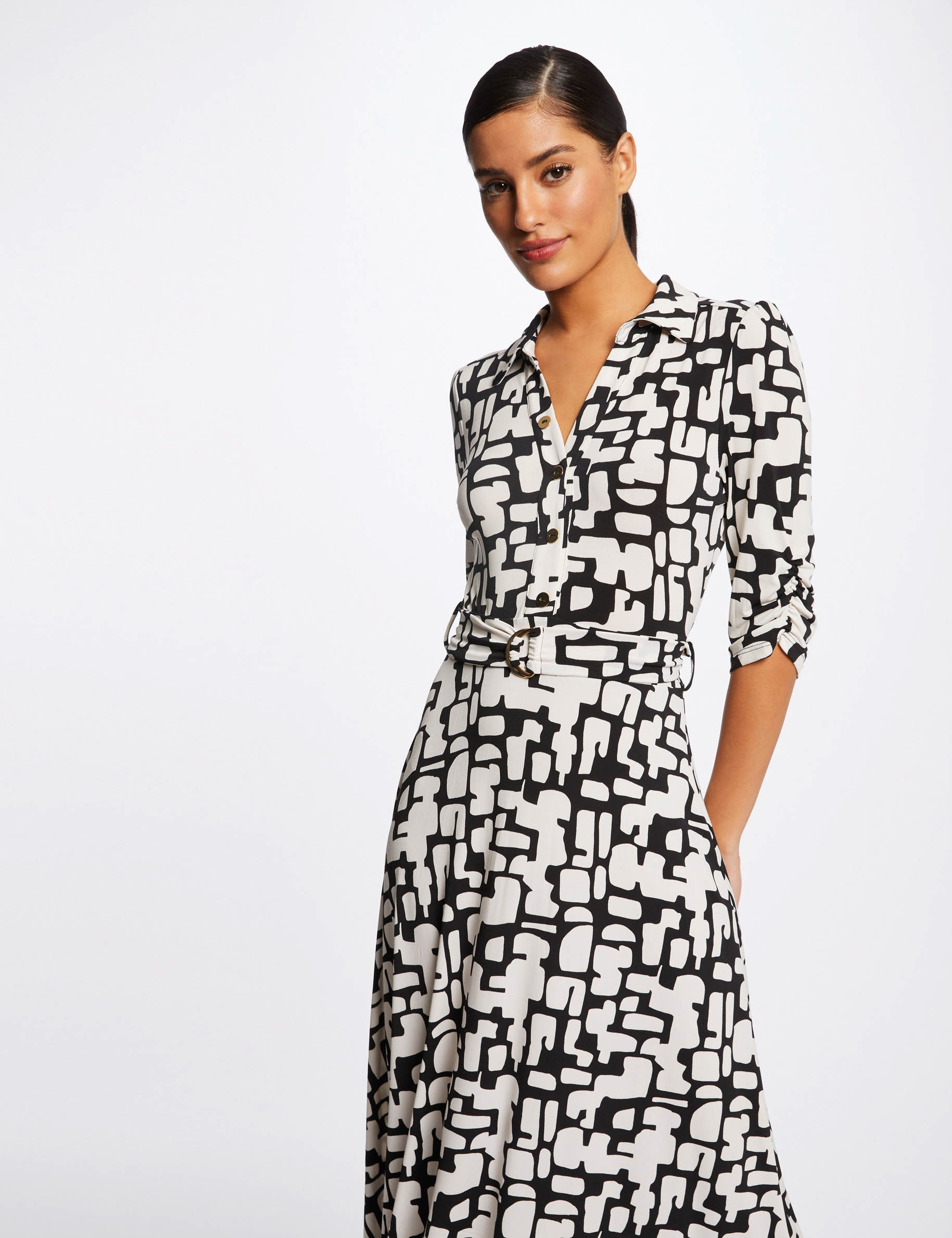 Robe longue évasée imprimé abstrait ecru femme Robe longue évasée imprimé abstrait ecru femme