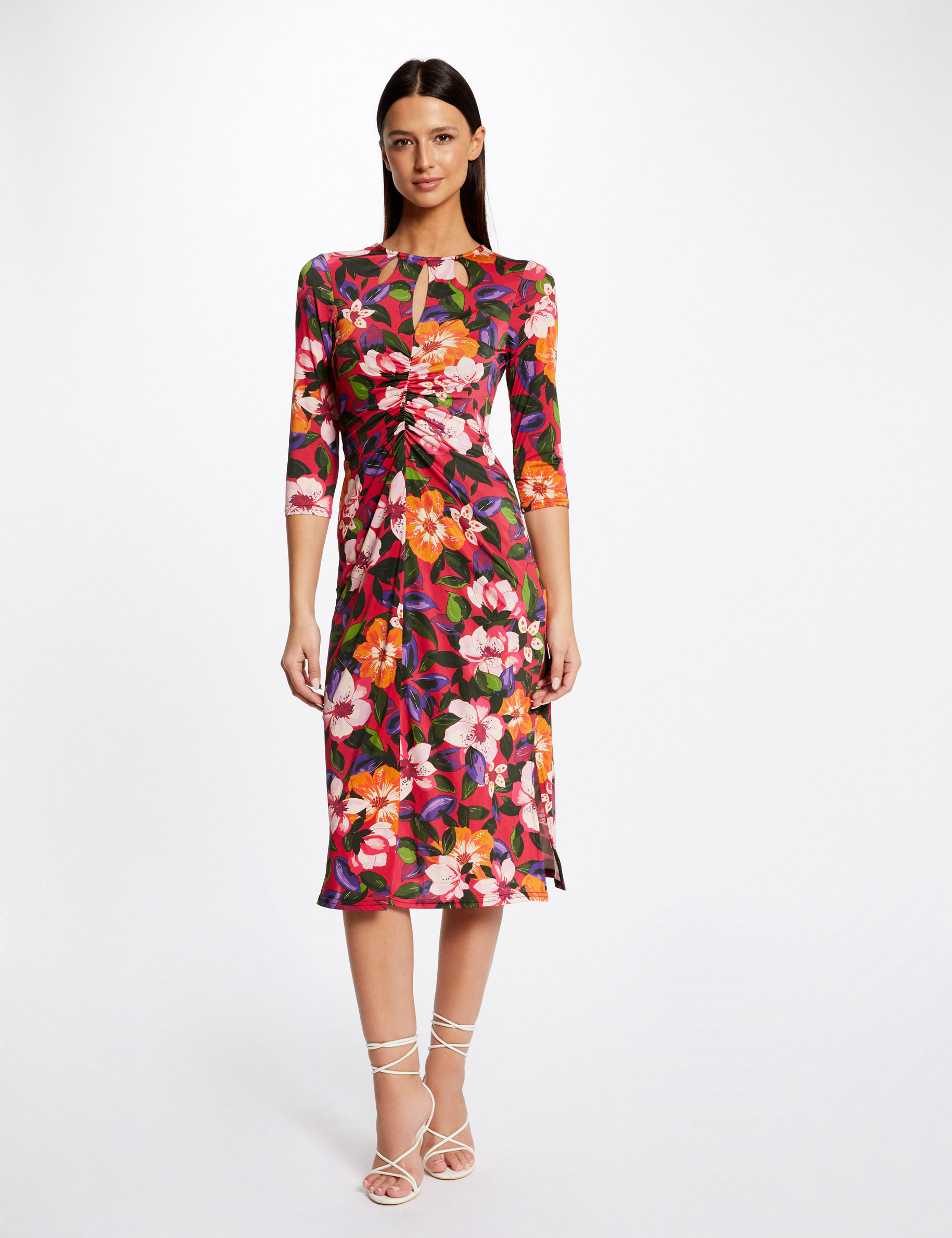 Robe midi ajustée froncée imprimé floral multico femme Robe midi ajustée froncée imprimé floral multico femme