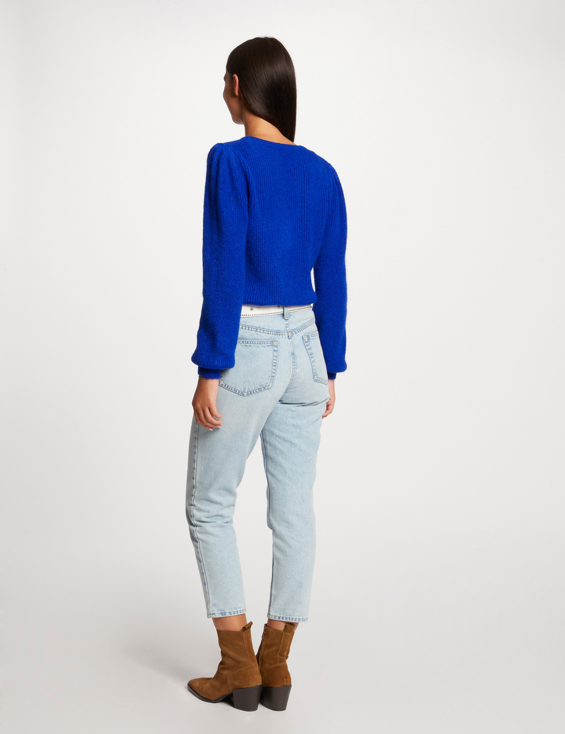 pull manches longues col en v bleu electrique femme Pull manches longues col en V bleu electrique femme