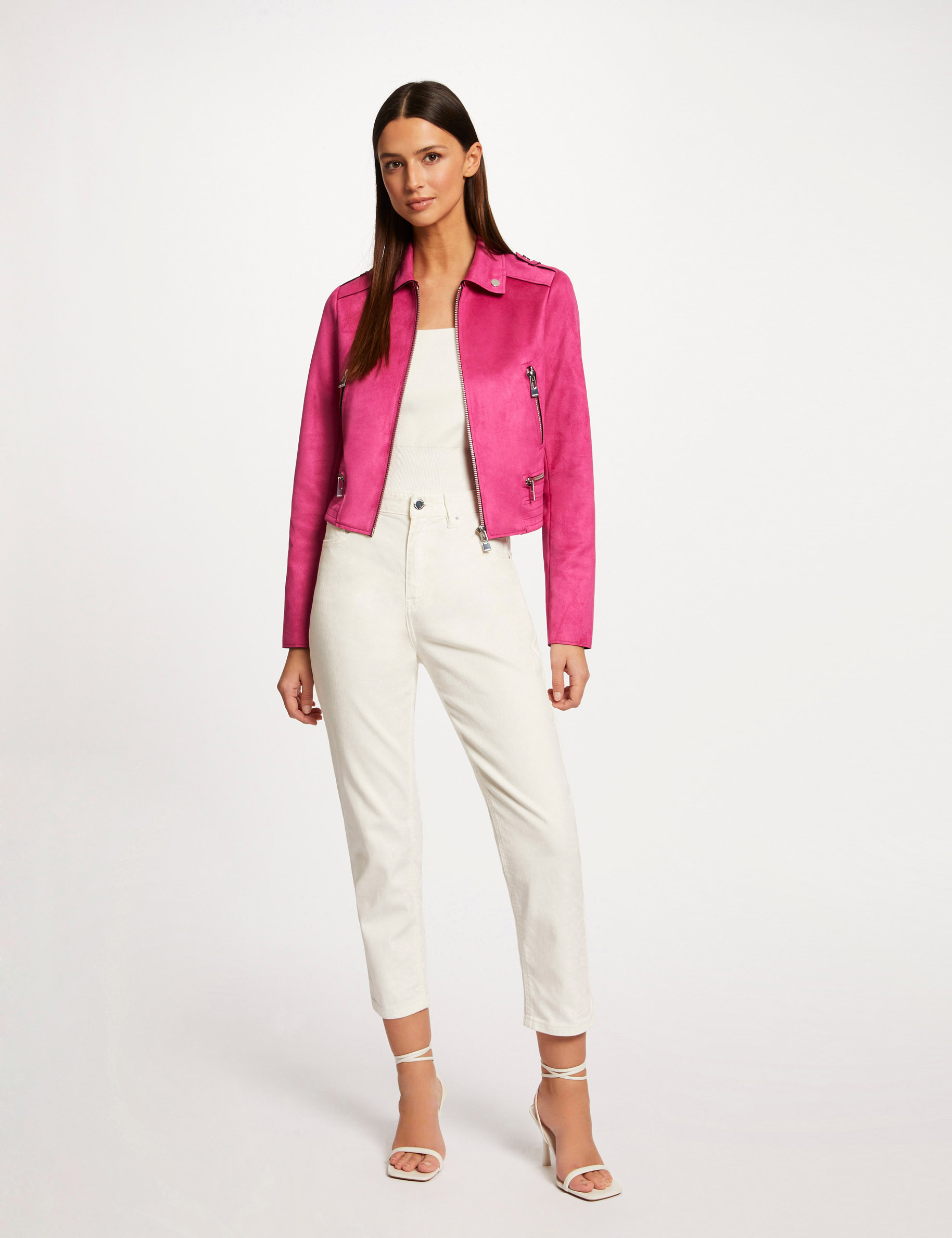 blouson droit aspect suedine framboise femme Blouson droit aspect suédine framboise femme