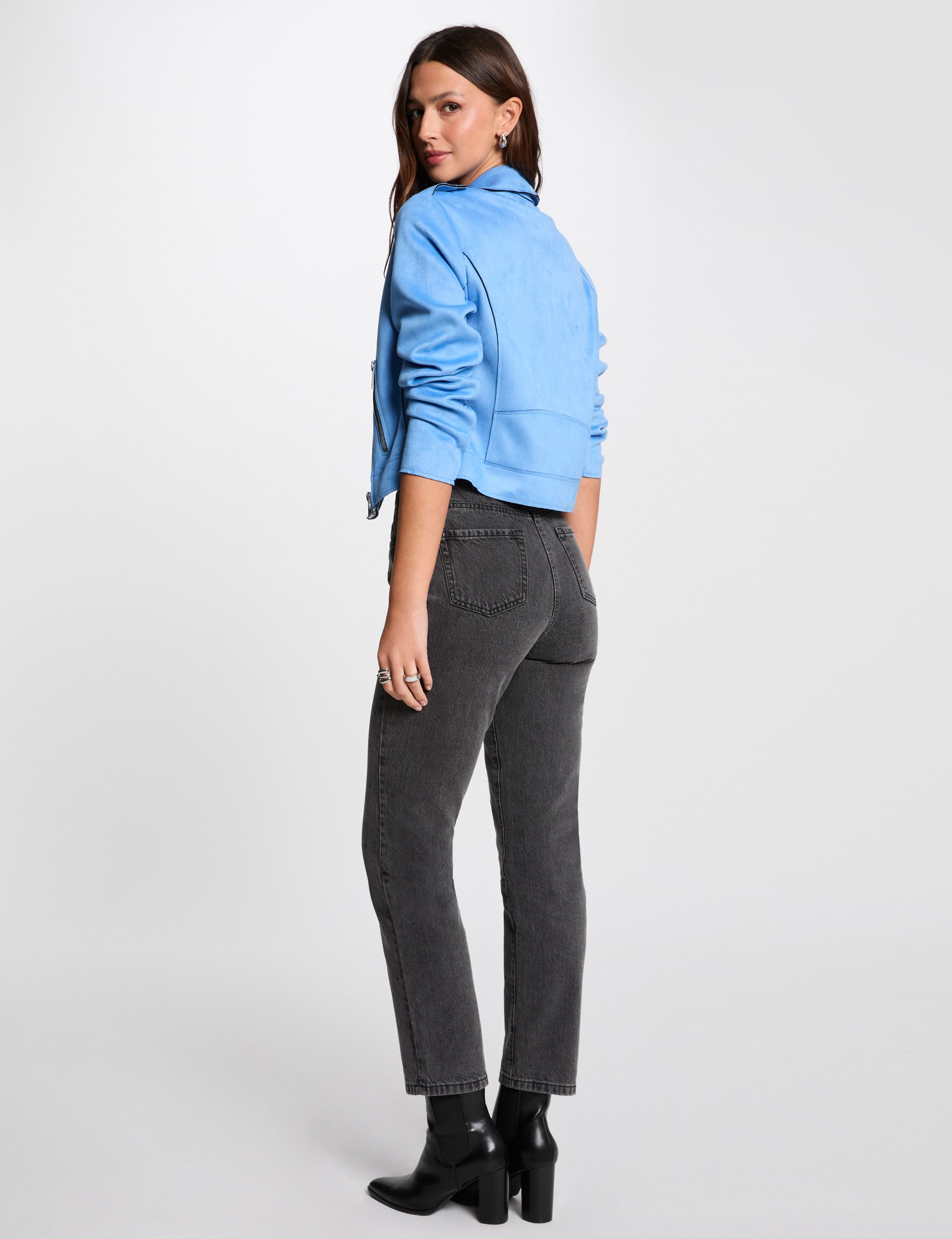 blouson court zippe suedine bleu femme Blouson court zippé suédine bleu femme