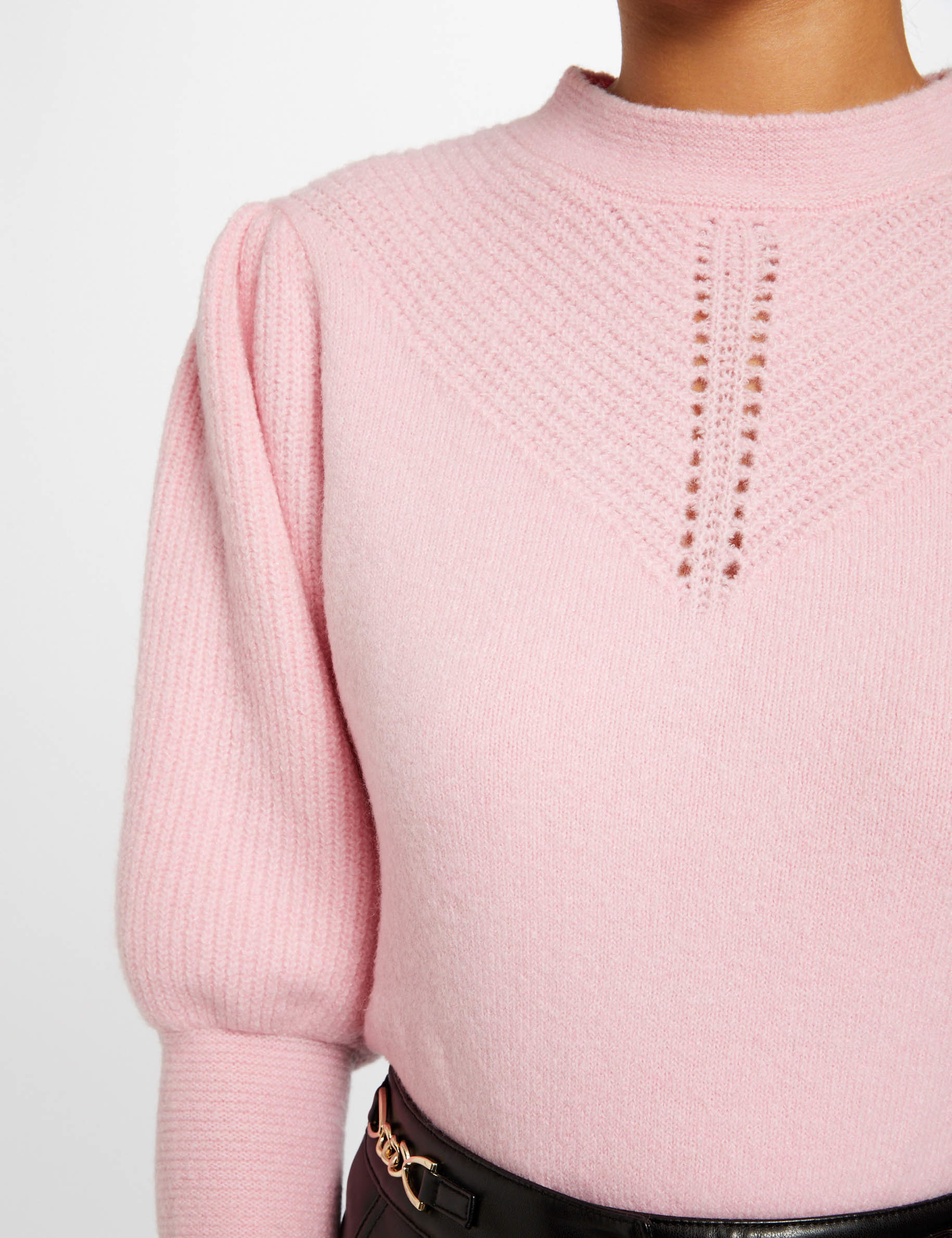 Pull manches 3/4 à col montant rose femme