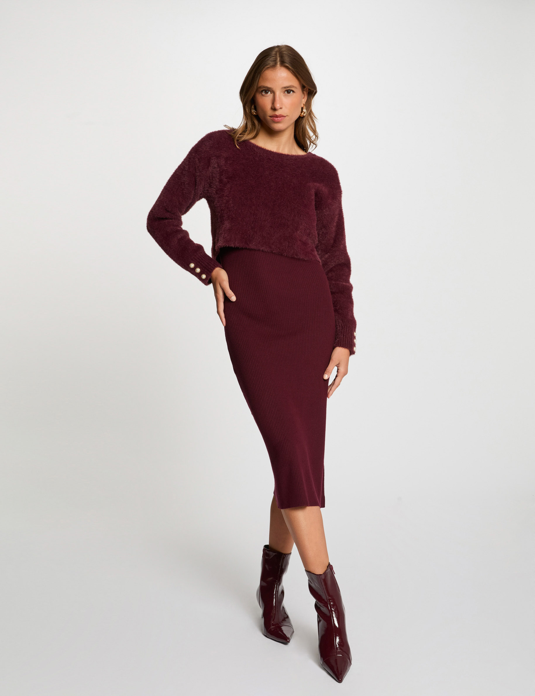 Robe MAJE Taille 2 - Modèle Jitta, Prune Et Noire, Cachemire Et Angora, Très Bon état