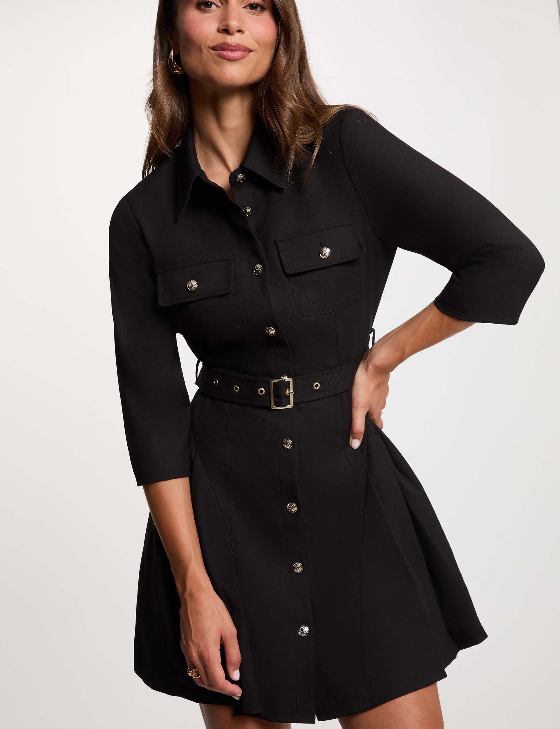 Robe ceintur&eacute;e col &agrave; revers noir femme