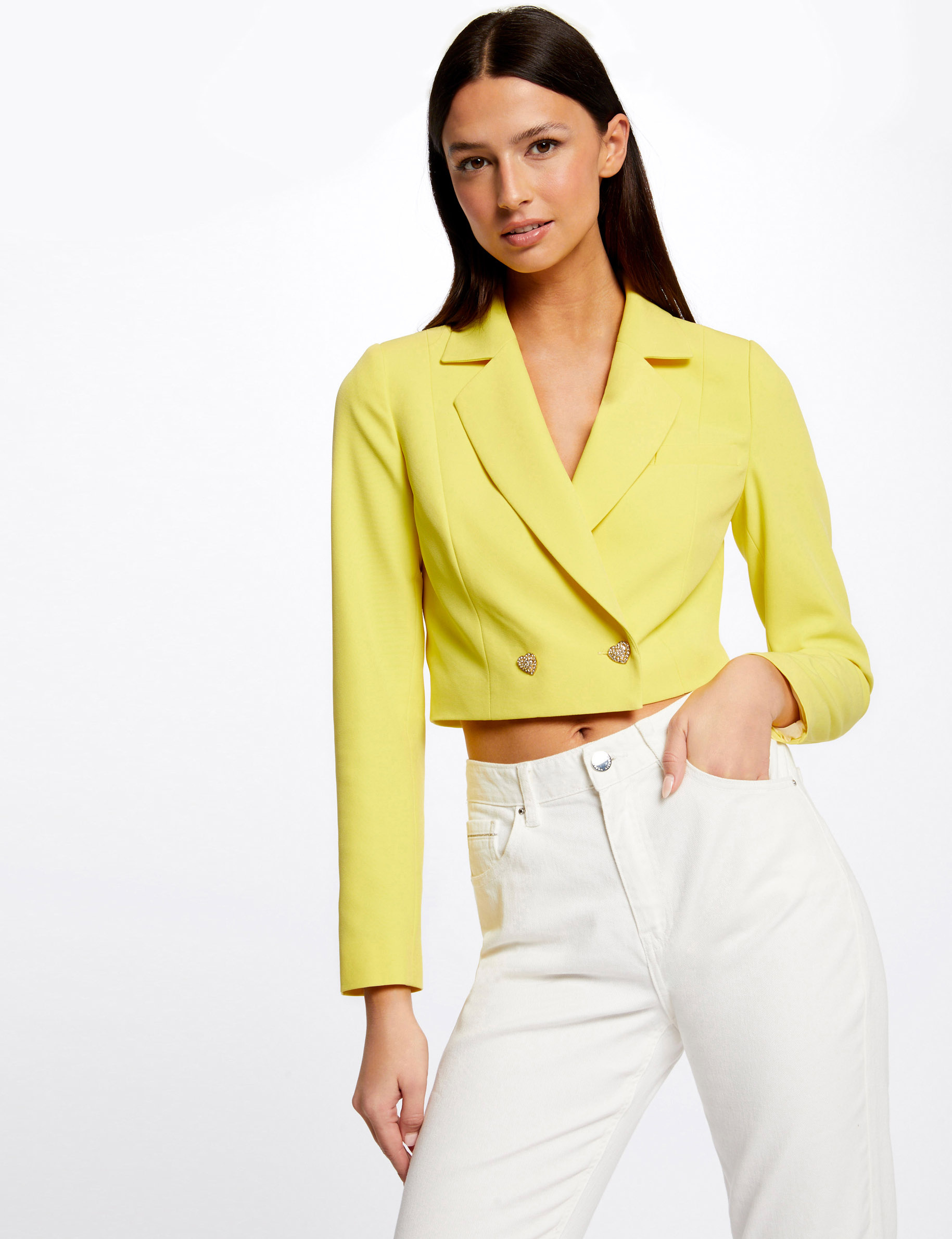 Veste courte droite boutonnée jaune moyen femme