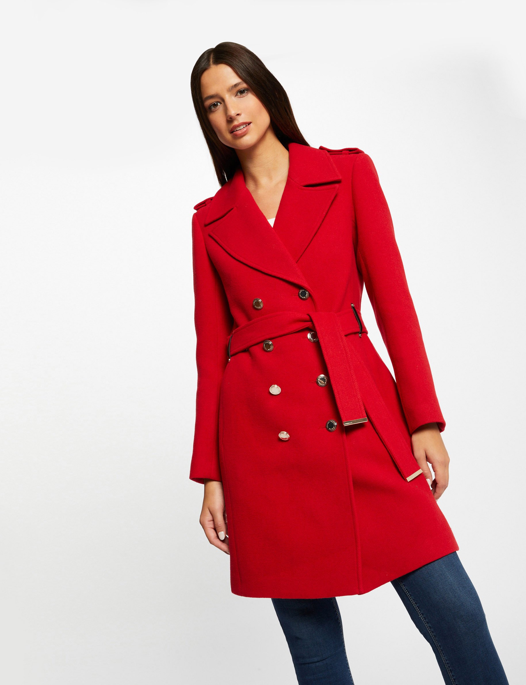 Manteau long droit ceinturé à boutons rouge femme