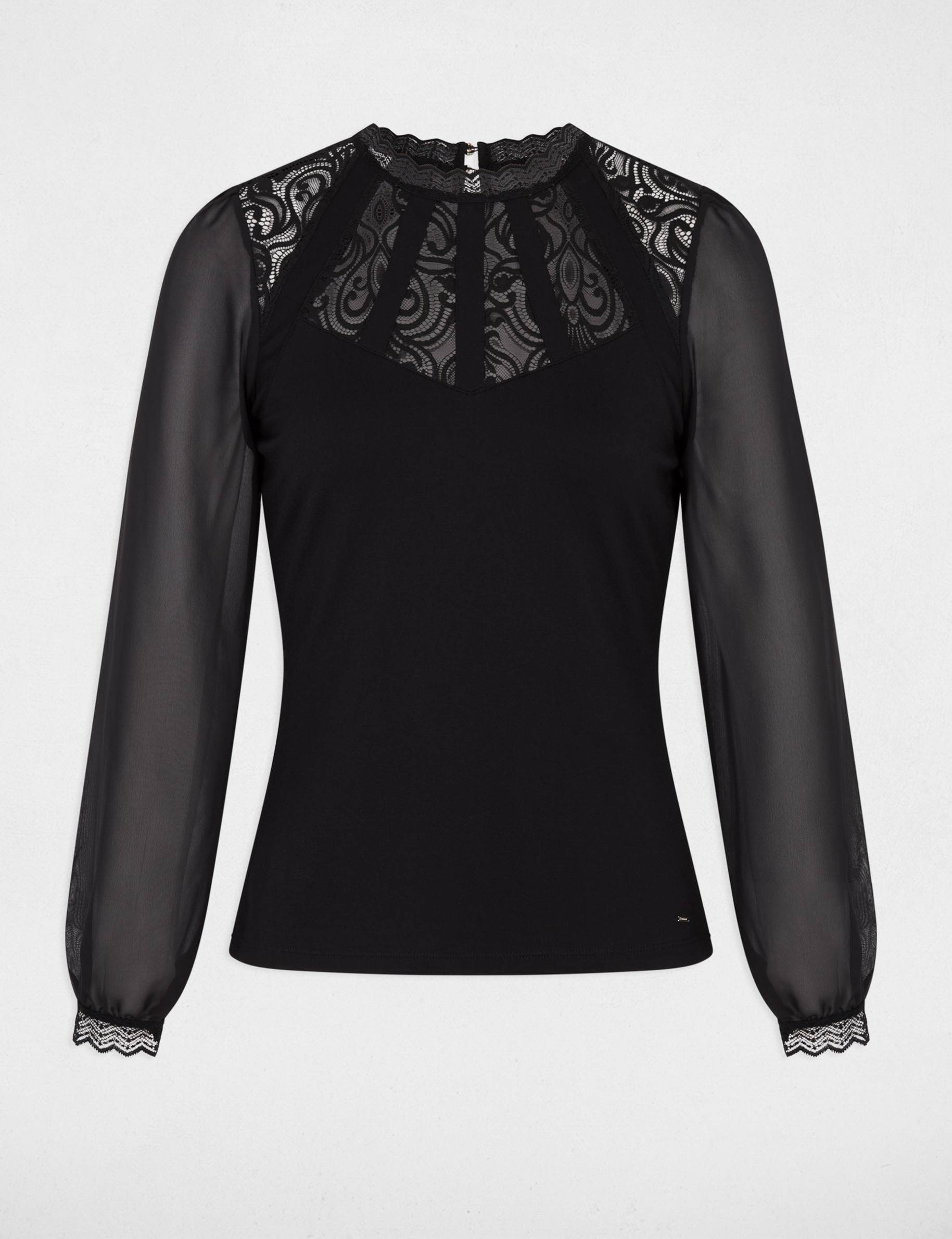 T-shirt dentelle manches longues noir femme