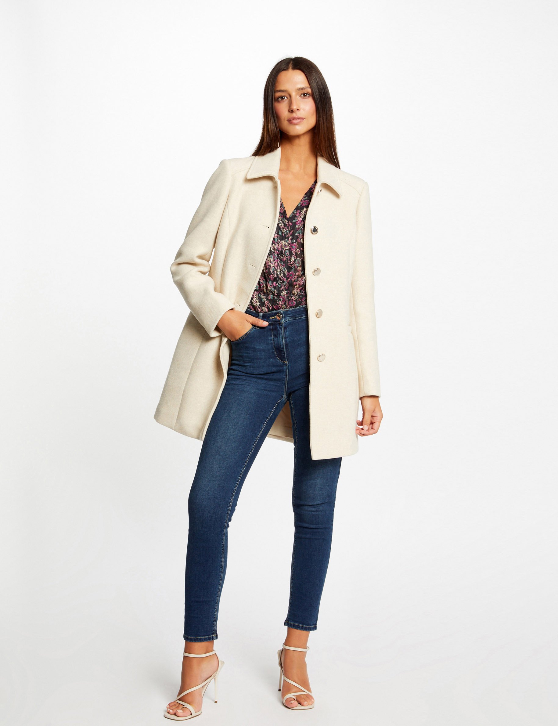 Manteau long droit boutonné ivoire femme