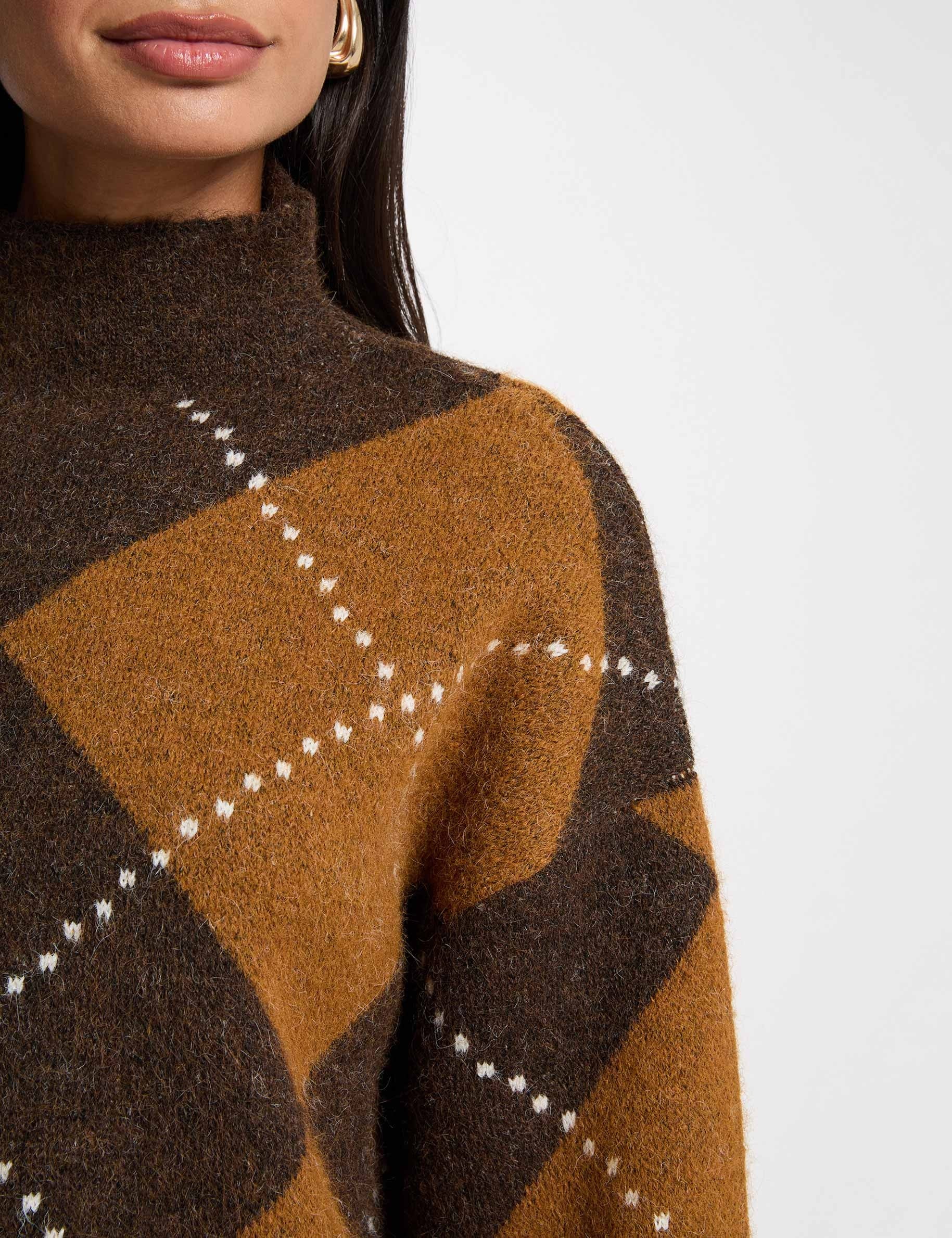 Pull col roul&eacute; marron femme