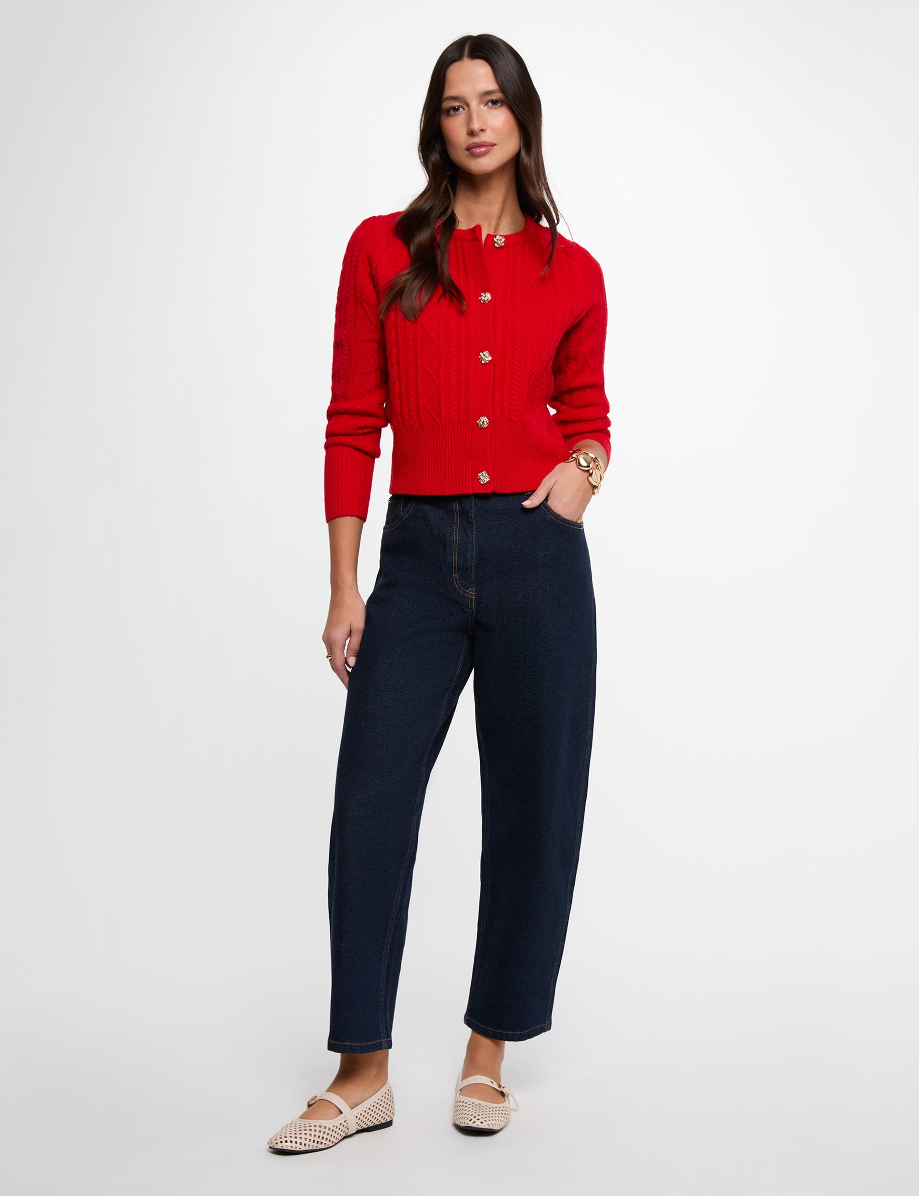 Pull cardigan boutonn&eacute; rouge femme