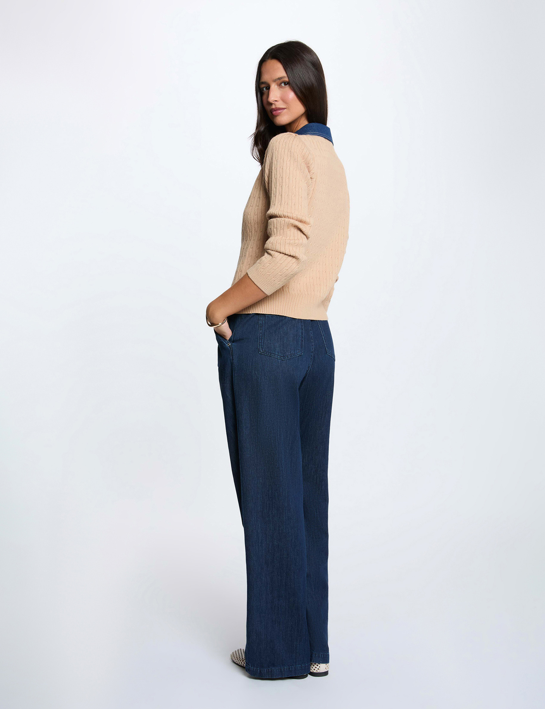 Pull col revers boutons camel femme