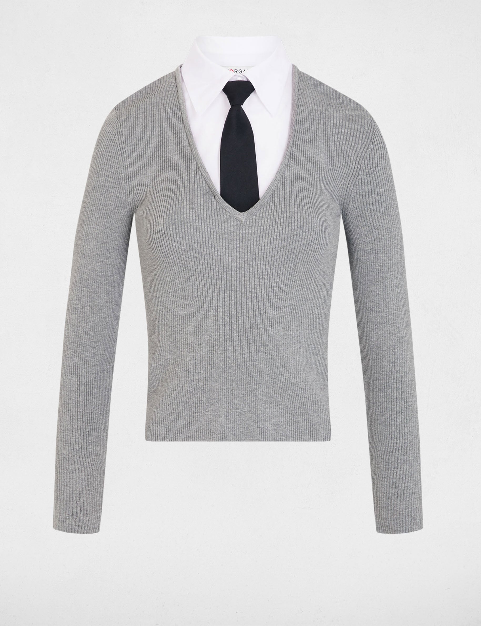 Pull 2-en-1 col &agrave; revers gris clair femme