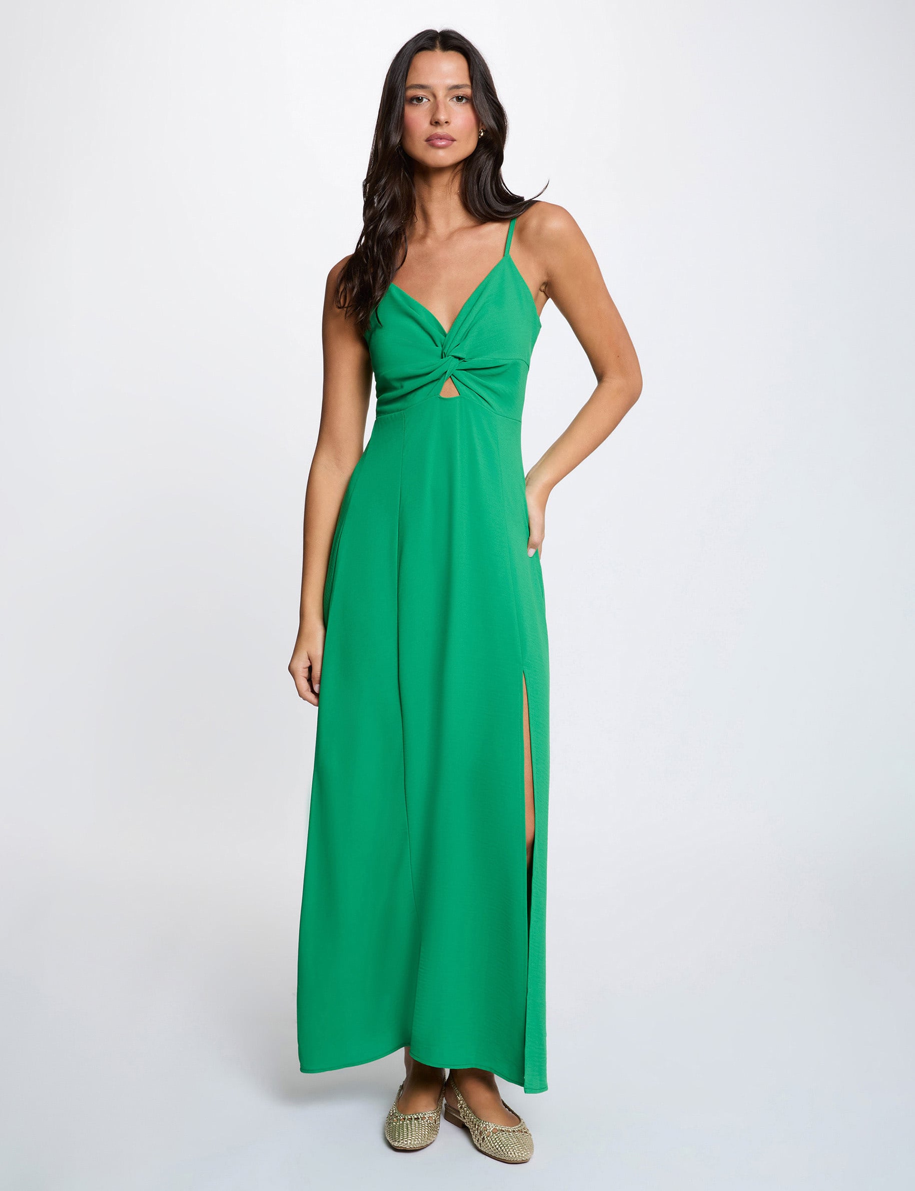 Robe longue droite fendue vert prairie femme