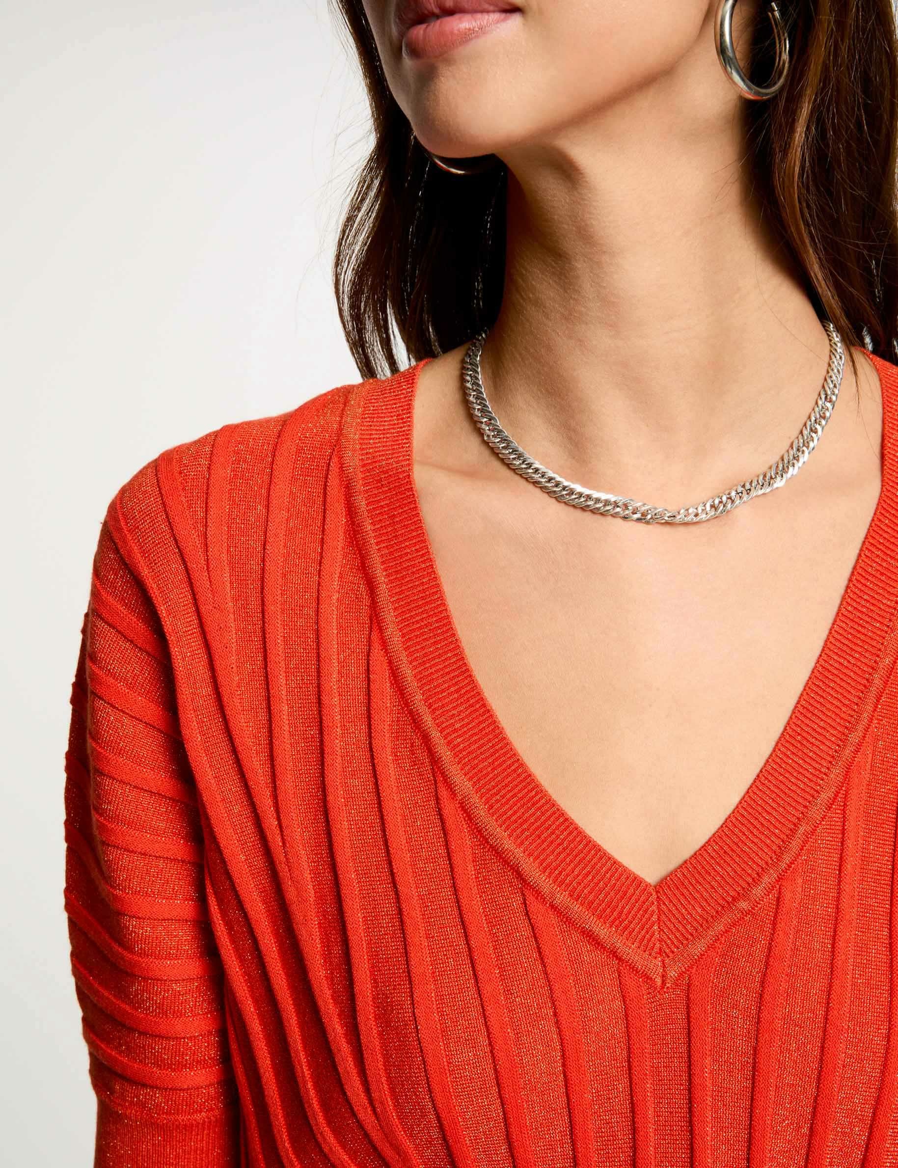 Pull manches 3/4 col en V orange fonc&eacute; femme