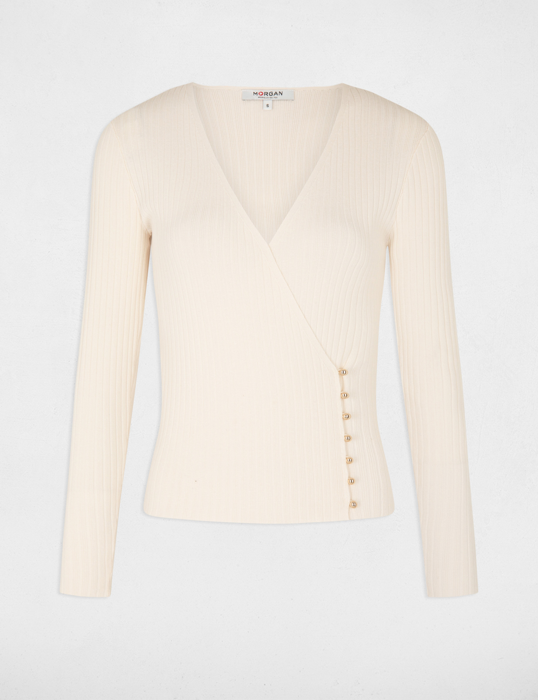 Pull manches longues col cache-coeur ivoire femme
