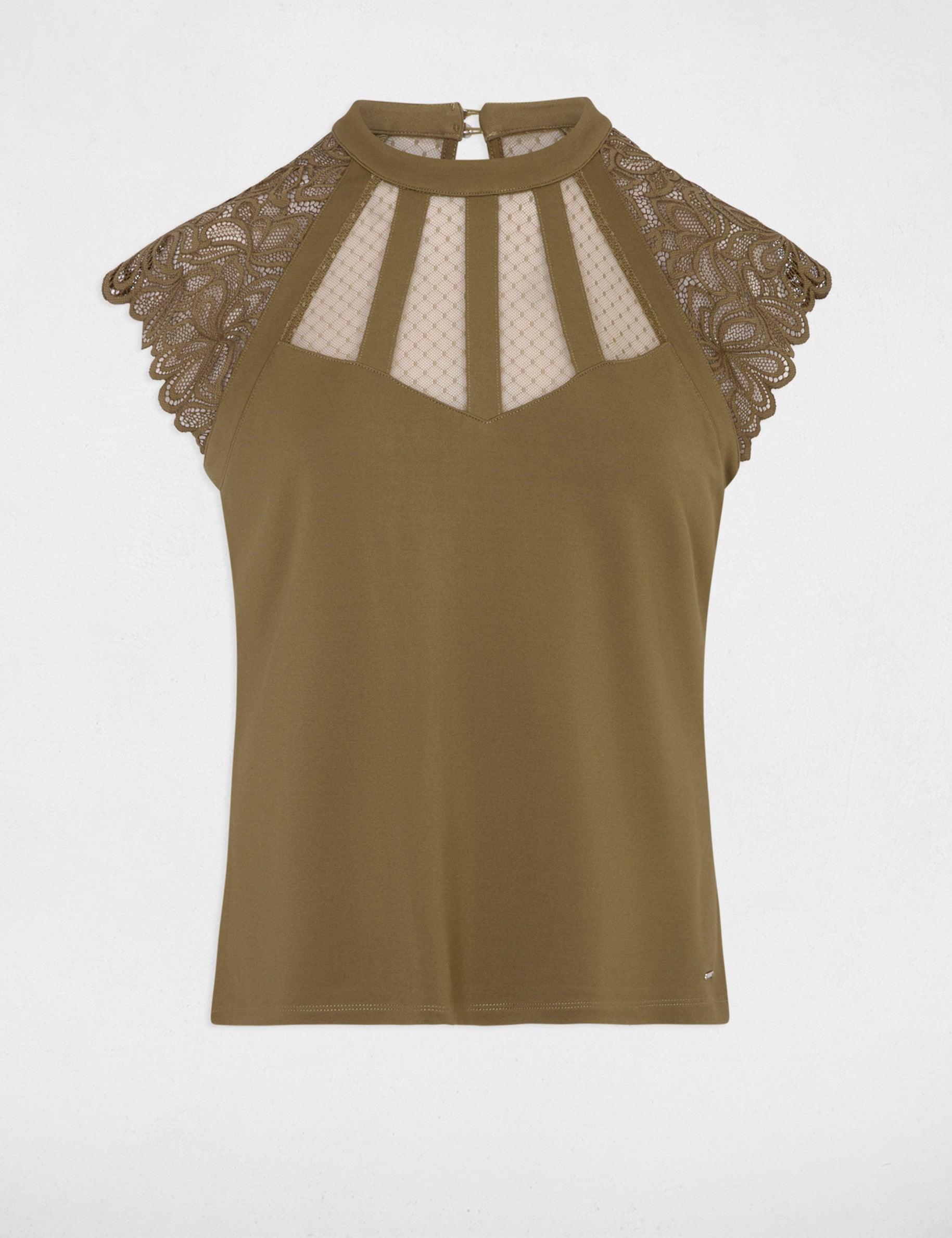 T-shirt manches courtes &agrave; dentelle vert kaki femme