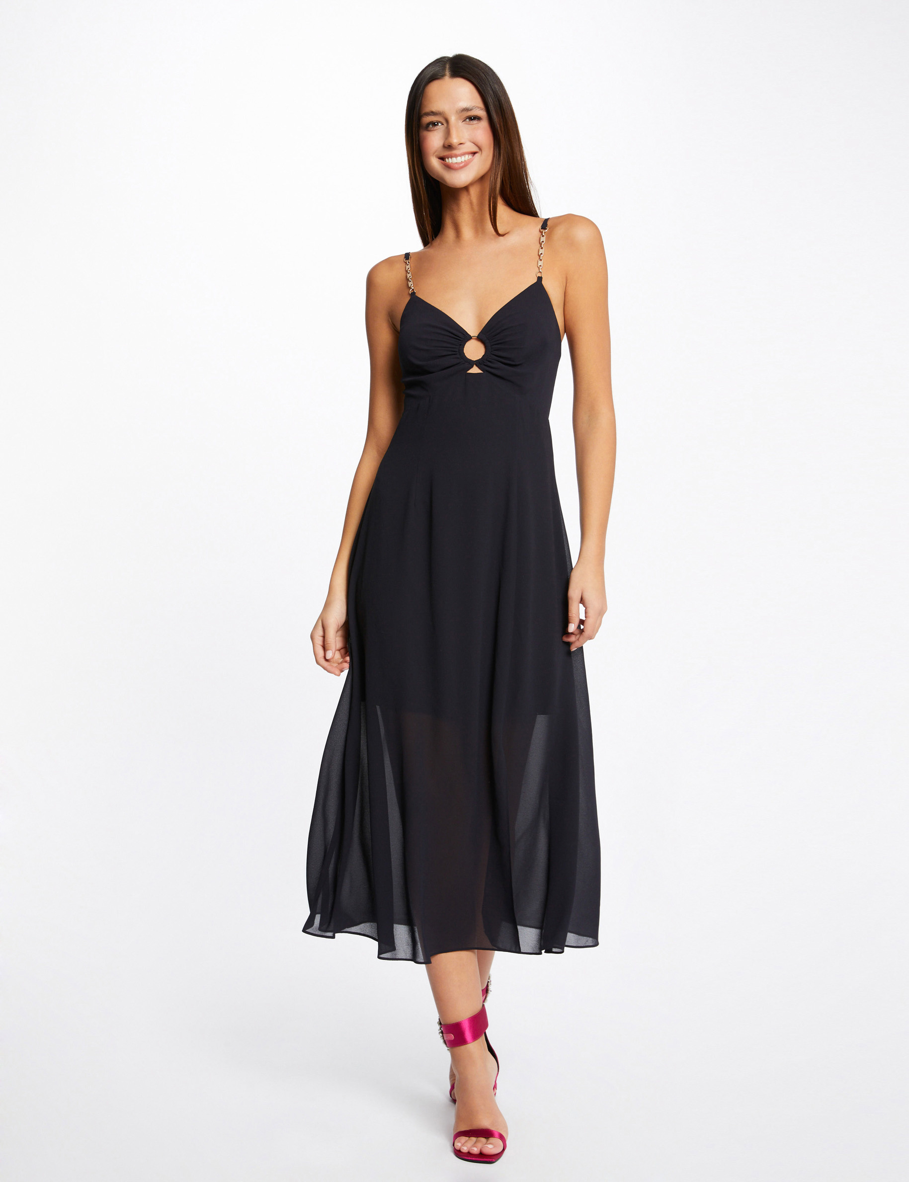 Robe midi évasée bretelles chaînes marine femme Robe midi évasée bretelles chaînes marine femme