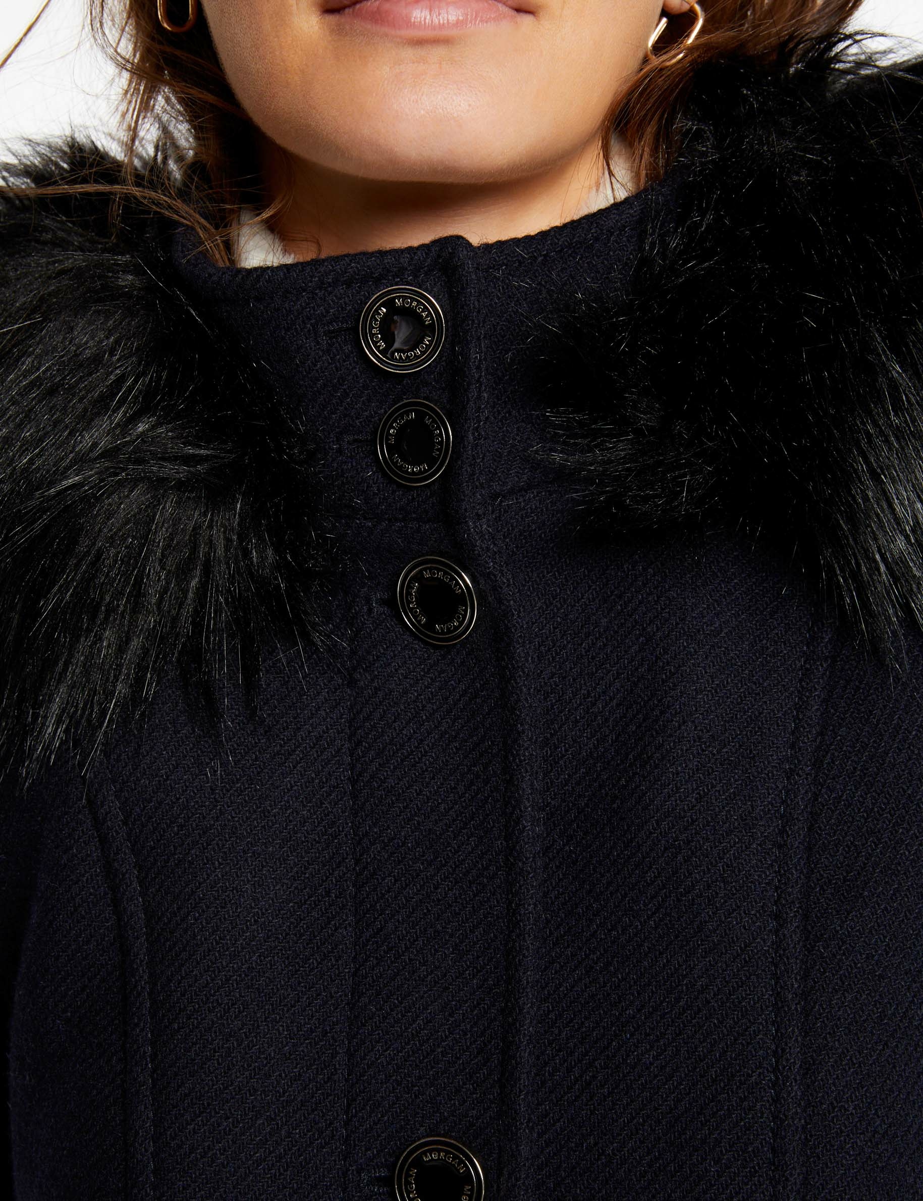 manteau long details simili cuir marine femme Manteau long détails simili cuir marine femme