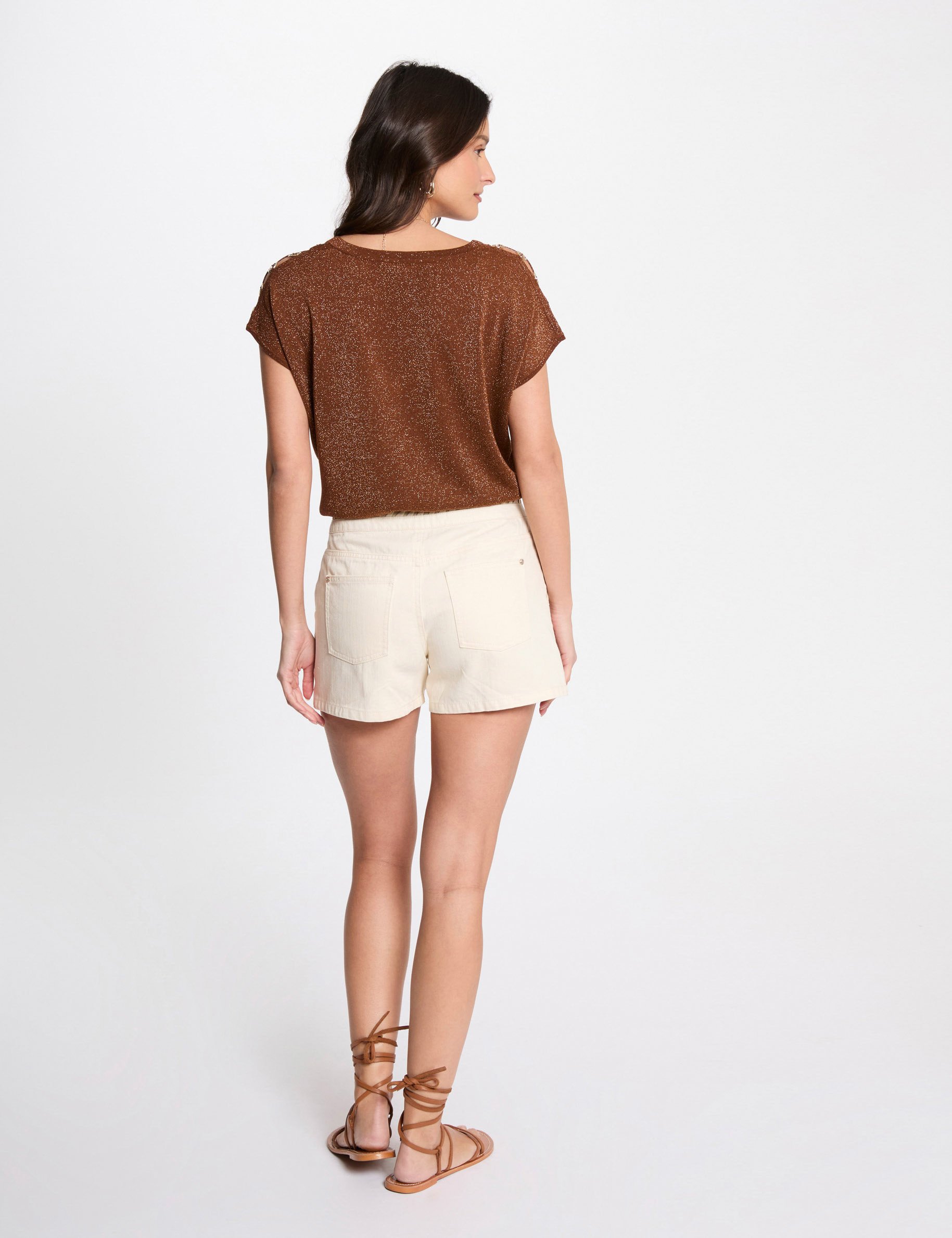pull col en v manches courtes marron cognac femme Pull col en V manches courtes marron cognac femme