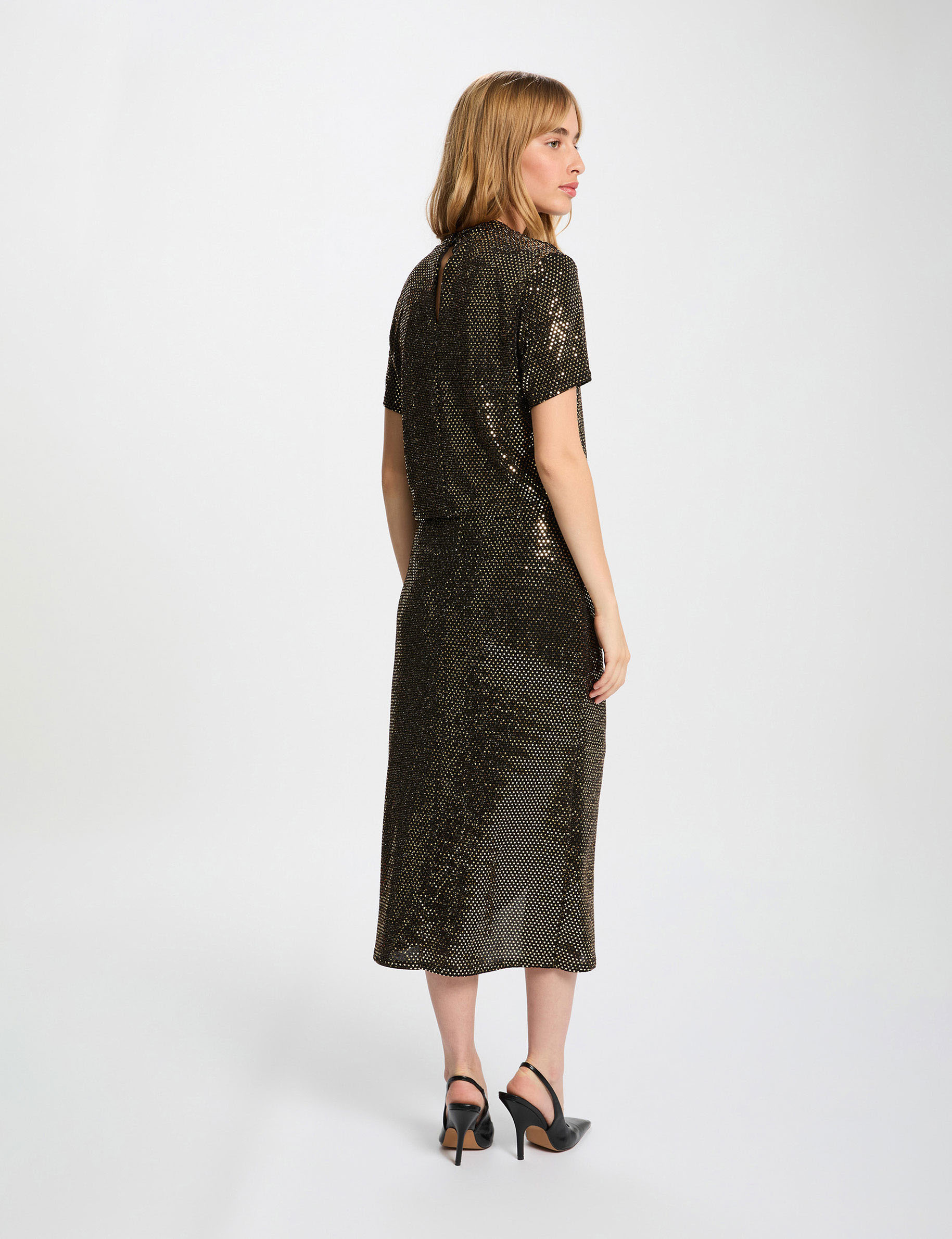 T-shirt sequins col montant jaune or femme
