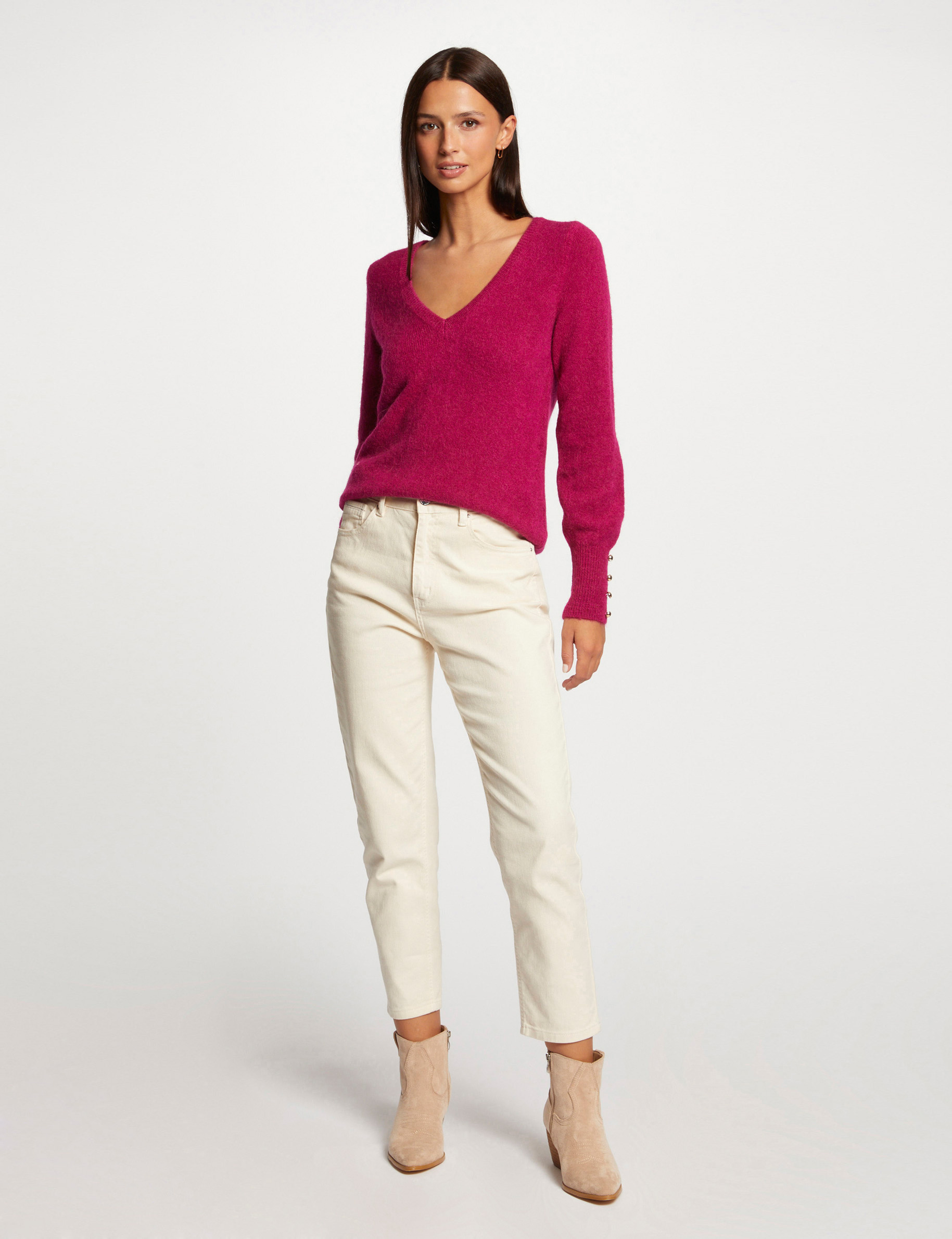 pull manches longues col en v framboise femme Pull manches longues col en V framboise femme