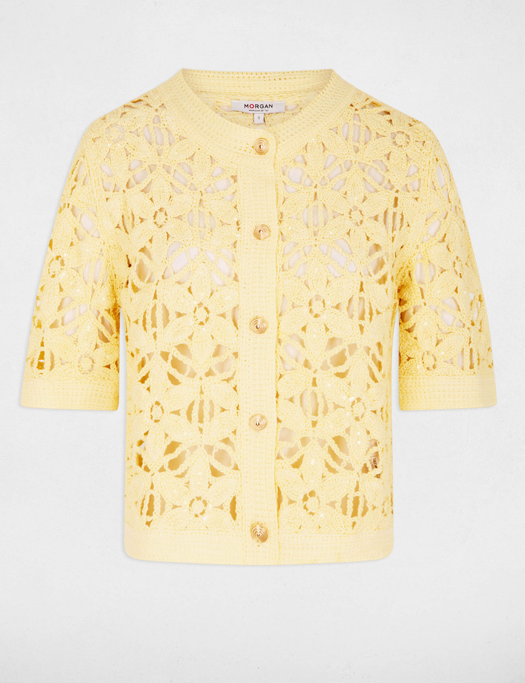Gilet ajour&eacute; col rond jaune pastel femme